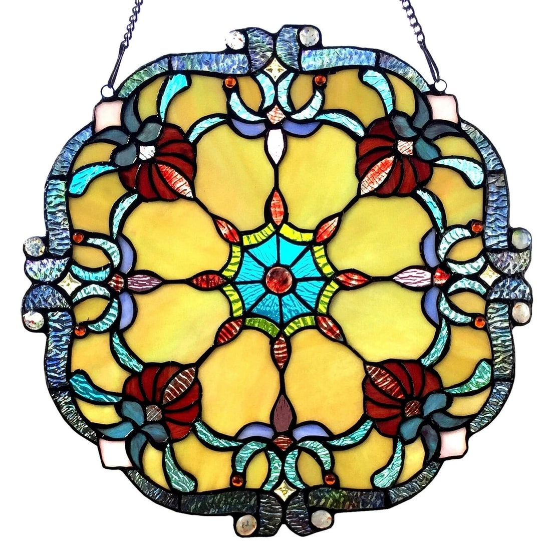 18" Stained Glass Window Hanging Panel Suncatcher: Title:18" Stained Glass Window Hanging Panel SuncatcherDescription:18" Wide x 18" tall Stunning modern reproduction Tiffany Glass Window Panel This breathtaking window panel boasts an array of