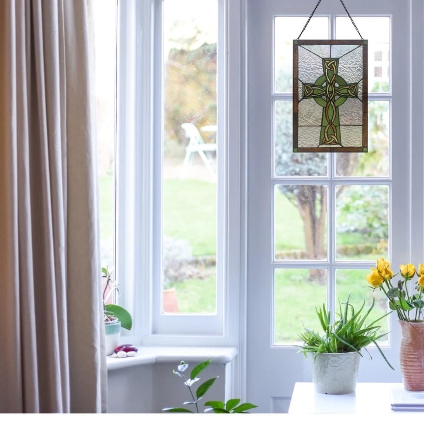 18"H Celtic Cross Stained Glass Window Panel - 2