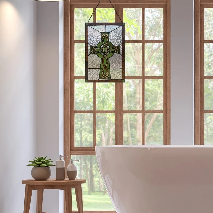 18"H Celtic Cross Stained Glass Window Panel - 6