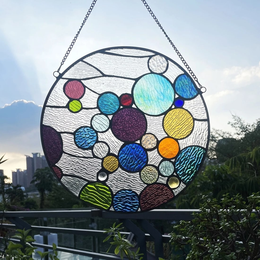 13" Round Stained Glass Bubble Window Panel Suncatcher - 3