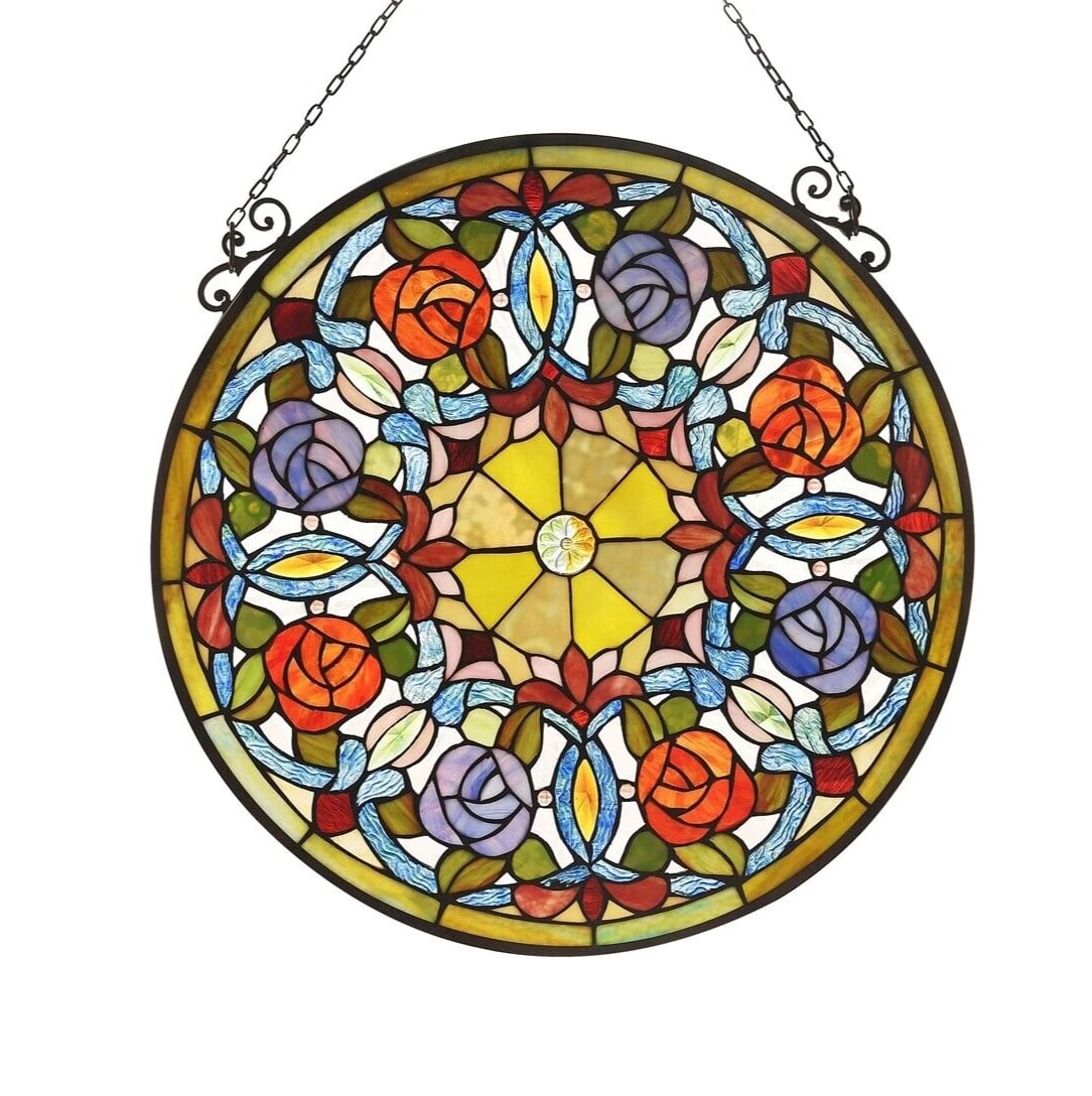 23.4" Round Floral Stained Glass Window Hanging Panel Suncatcher: Title:23.4" Round Floral Stained Glass Window Hanging Panel Suncatcher Description:18" Wide x 18" tall Stunning modern reproduction Tiffany Glass Window Panel This breathtaking window panel boasts an