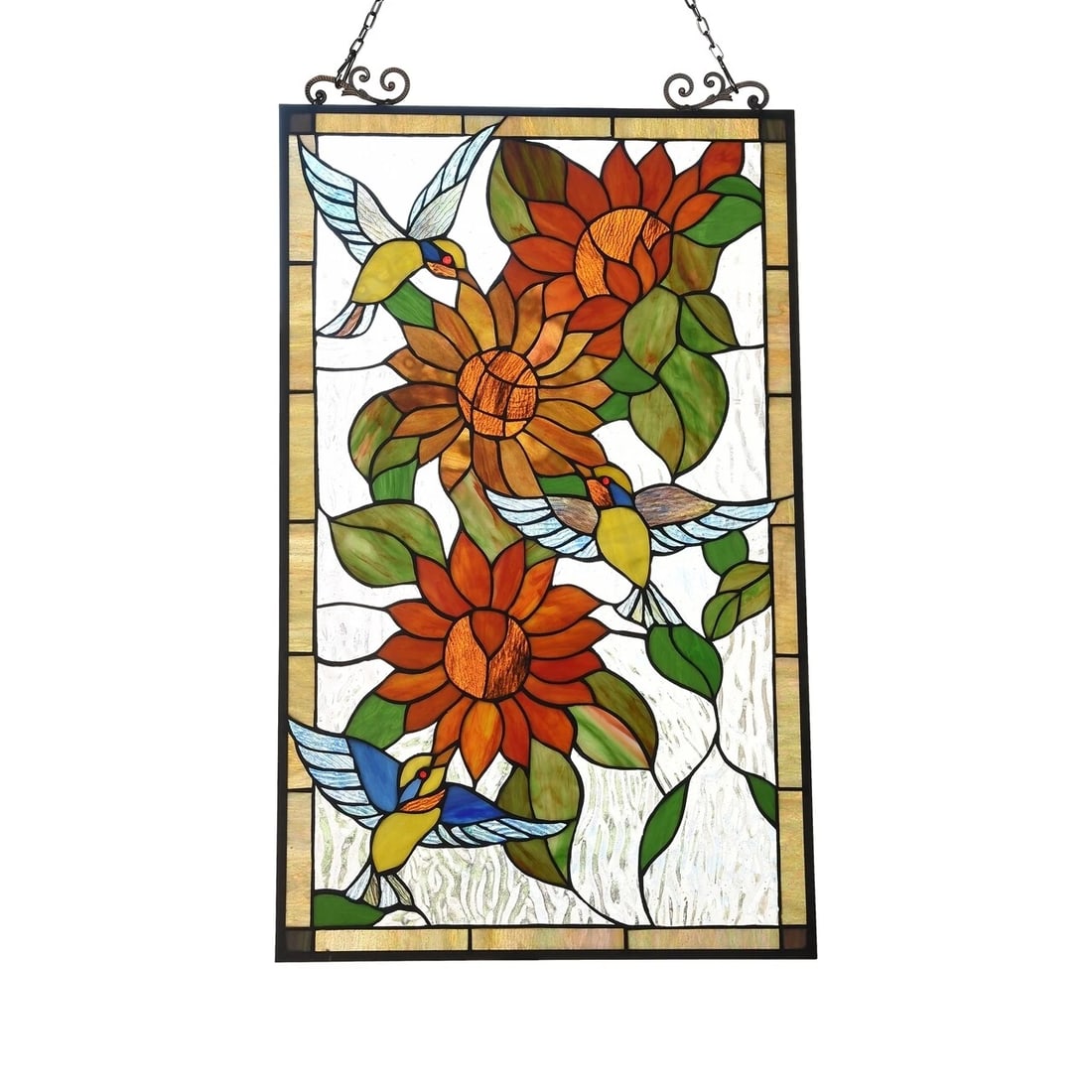 33" Hummingbird Stained Glass Window Hanging Panel Suncatcher: Title:33" Hummingbird Stained Glass Window Hanging Panel SuncatcherDescription: Reserve: $160.00 Shipping:Domestic: Flat-rate of $40.00 to anywhere within the contiguous
