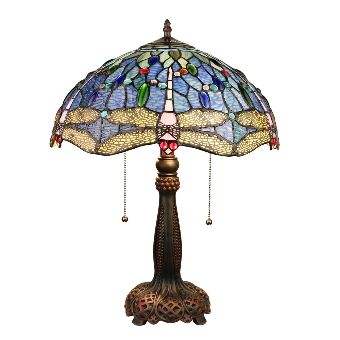 21" Blue Stained Glass Dragonfly Table Lamp: Title:21" Blue Stained Glass Dragonfly Table Lamp Description:24" Tall x 16.14" Wide Illuminate your space with the timeless beauty of our reproduction table lamp. This exquisite lamp features a hand-