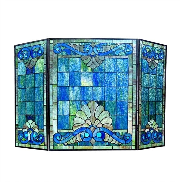 44" Folding Stained Glass Fireplace Screen: Title:44" Folding Stained Glass Fireplace Screen Description:43.6" Wide x 28" Tall A stunning reproduction stained glass fireplace panel meticulously handcrafted from pieces of hand cut stained art gl