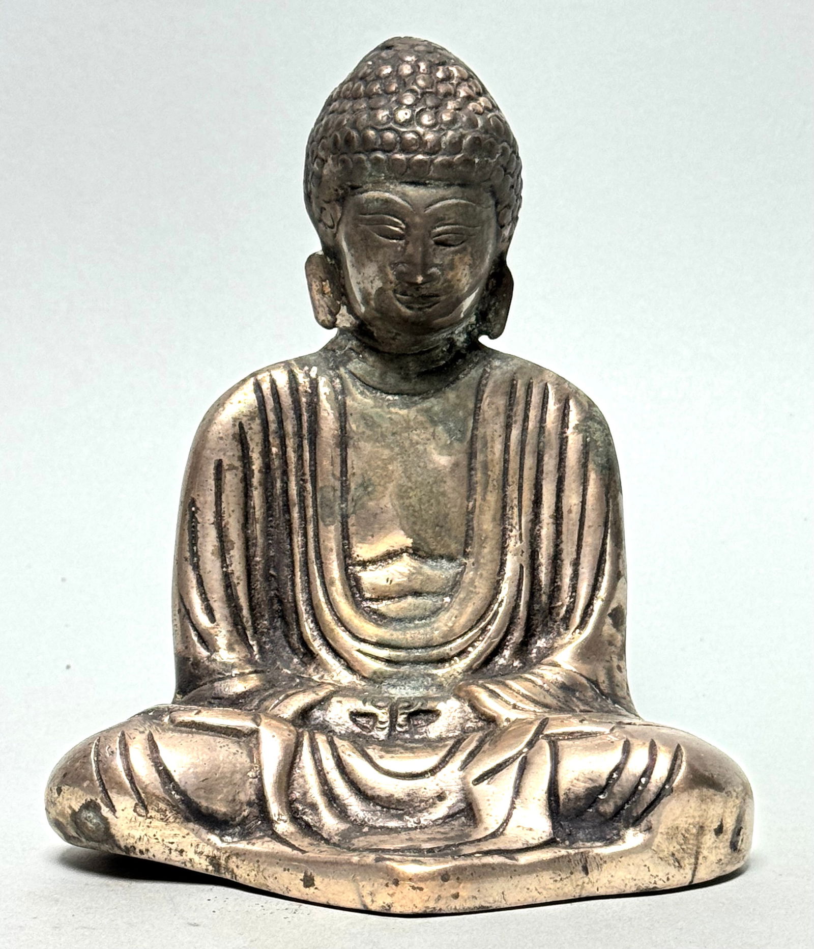 Statue of sitting meditation Buddha with lotus - China: Title: Statue of sitting meditation Buddha with lotus - China Description: Old meditation buddha with patine. In this pose, the Buddha is depicted with both hands in praying position, and the legs