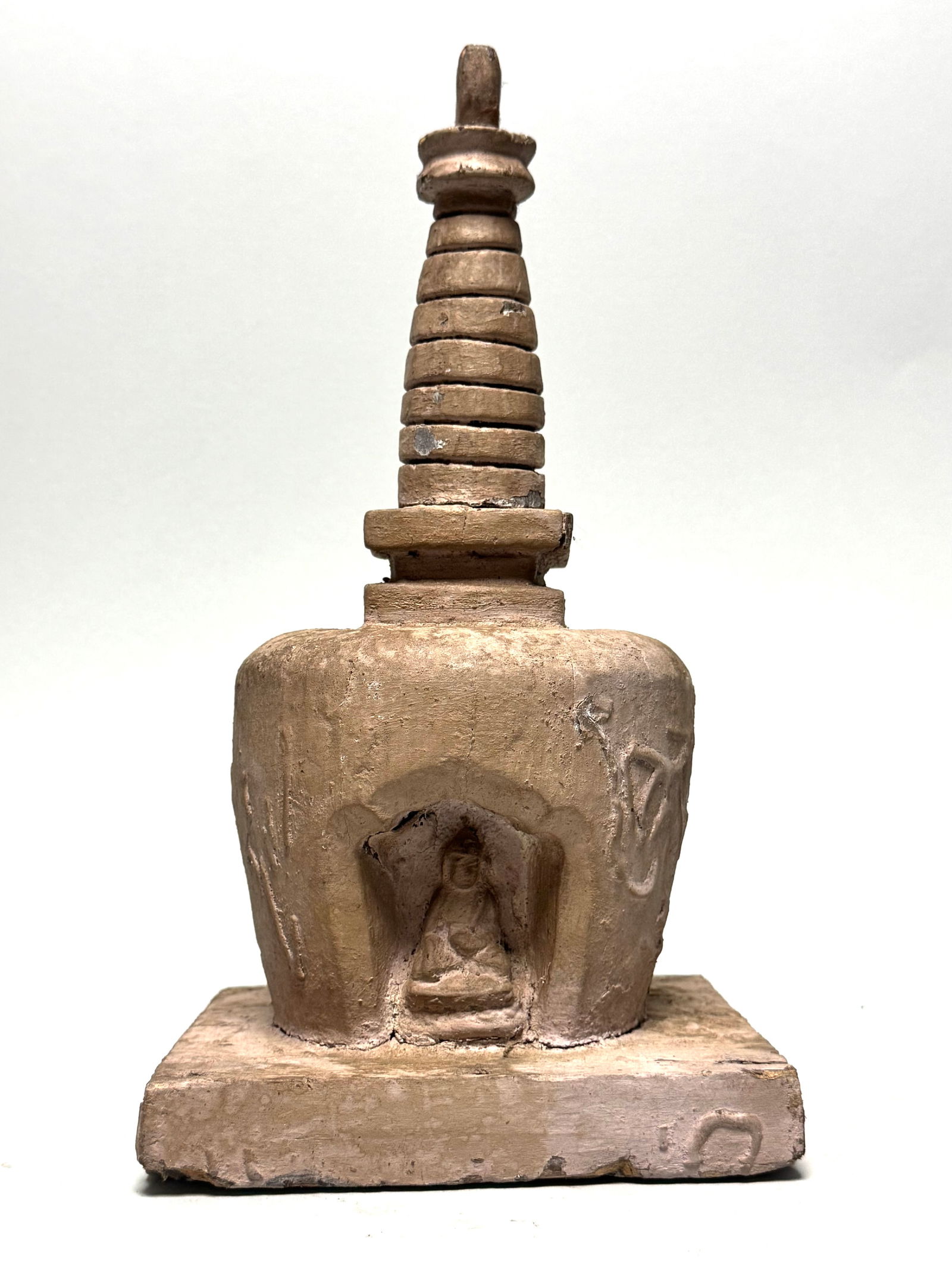 Antique Wooden Burmese Stupa: Title: Antique Wooden Burmese Stupa Description: Antique Wooden Burmese Stupa. With Buddha statues in the openings. Dim: 28 x 15 x 14,5 cm, 680 gram. Original from Burma (Myanmar). Careful registered