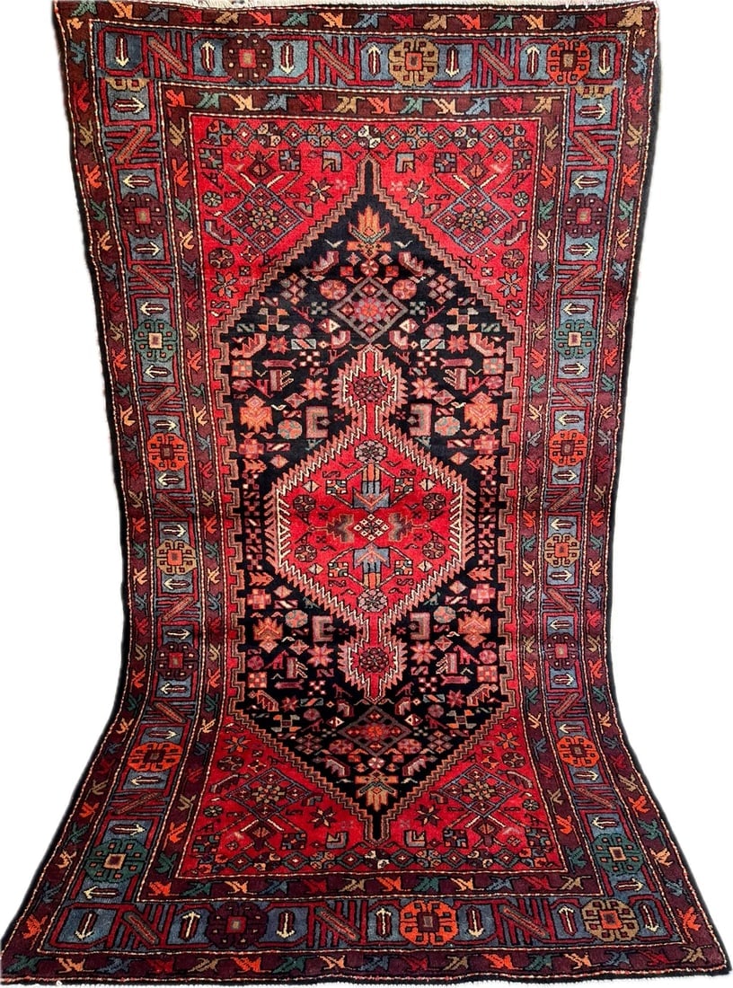 Hand Knotted Wool Persian Zanjan Tribal Oriental Rug 4'11" x 8'8" Navy Red - 16