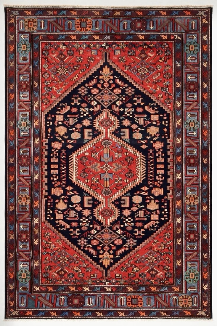 Hand Knotted Wool Persian Zanjan Tribal Oriental Rug 4'11" x 8'8" Navy Red - 2