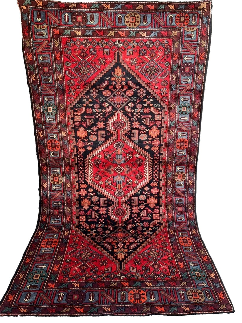 Hand Knotted Wool Persian Zanjan Tribal Oriental Rug 4'11" x 8'8" Navy Red - 3