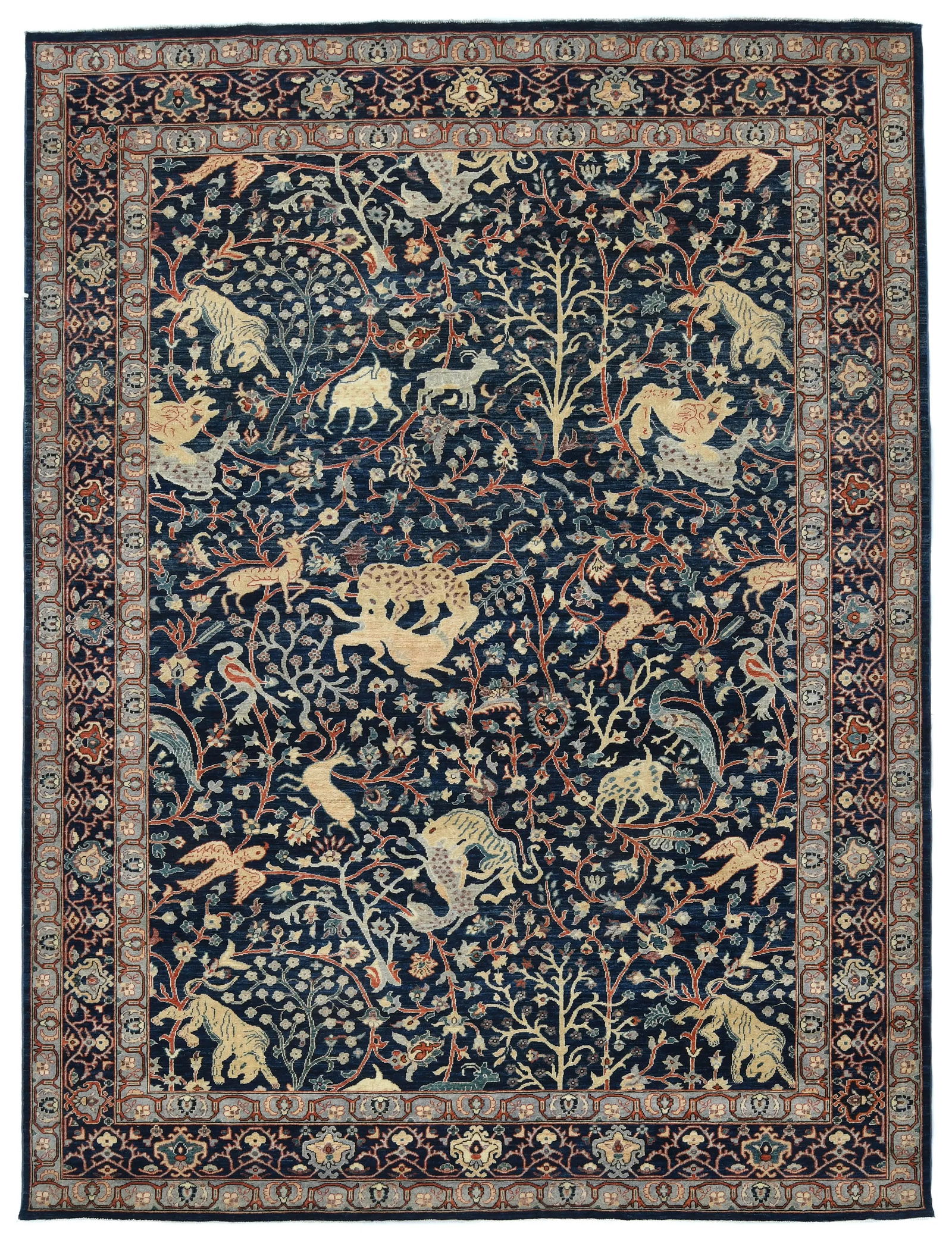 Dark Navy Pictorial Tribal 9X12 Oushak Oriental Rug: Title: Dark Navy Pictorial Tribal 9X12 Oushak Oriental RugDescription:Hand Knotted 9X12 dark navy oriental rug made with natural dyes (fine wool pile and cotton foundation), superior knot count, and