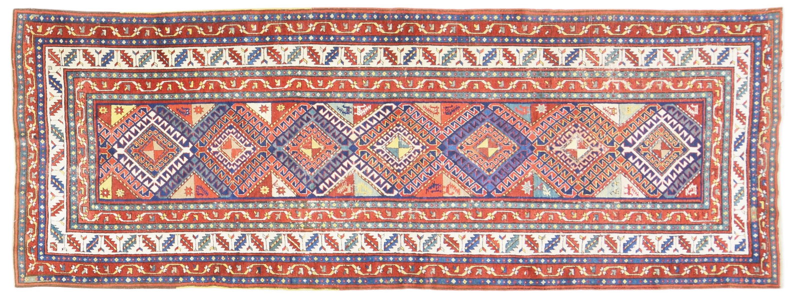 RUSSIA HAND KNOTTED WOOL RUG: Title: RUSSIA HAND KNOTTED WOOL RUG Size: 3'7X10'1 Age: ANTIQUE Origin: RUSSIA Style: CAUCASIAN Material: WOOL Care: PROFESSIONAL Structure: HAND KNOTTED Design: ANTIQUES Reserve: $1,000.00 Shipping