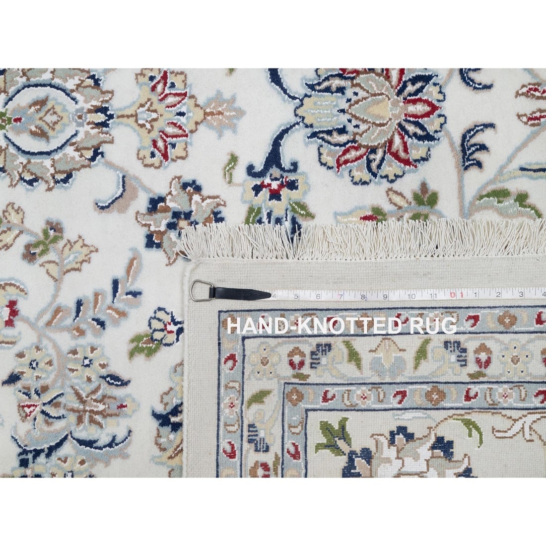 White Nain with All Over Flower Design Wool and Silk Hand Knotted Rug - 11