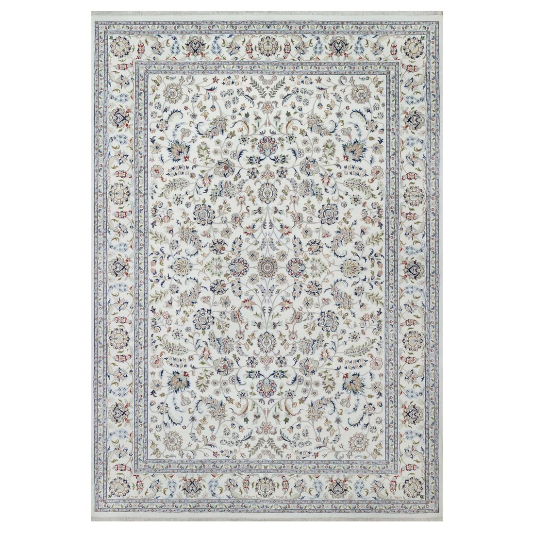 White Nain with All Over Flower Design Wool and Silk Hand Knotted Rug: Title: White Nain with All Over Flower Design Wool and Silk Hand Knotted RugDescription:This is a truly genuine one-of-a-kind. It has been Knotted for months and months in the centuries-old weaving