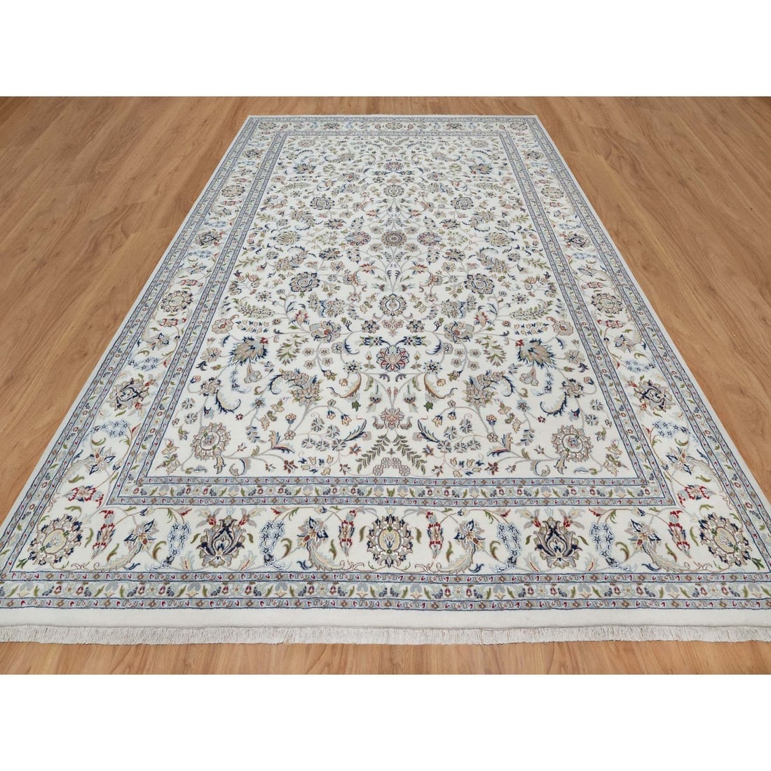 White Nain with All Over Flower Design Wool and Silk Hand Knotted Rug - 2