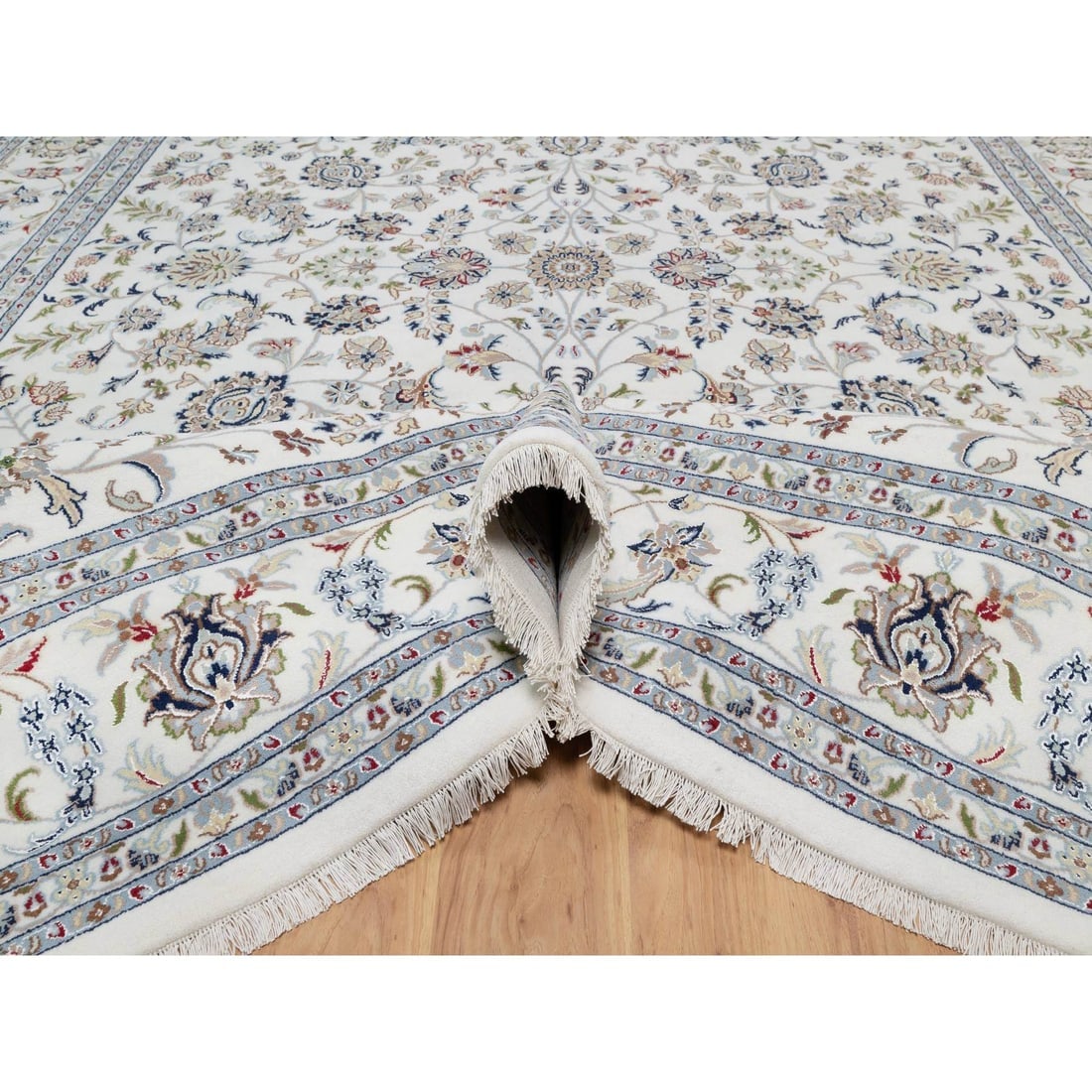 White Nain with All Over Flower Design Wool and Silk Hand Knotted Rug - 5