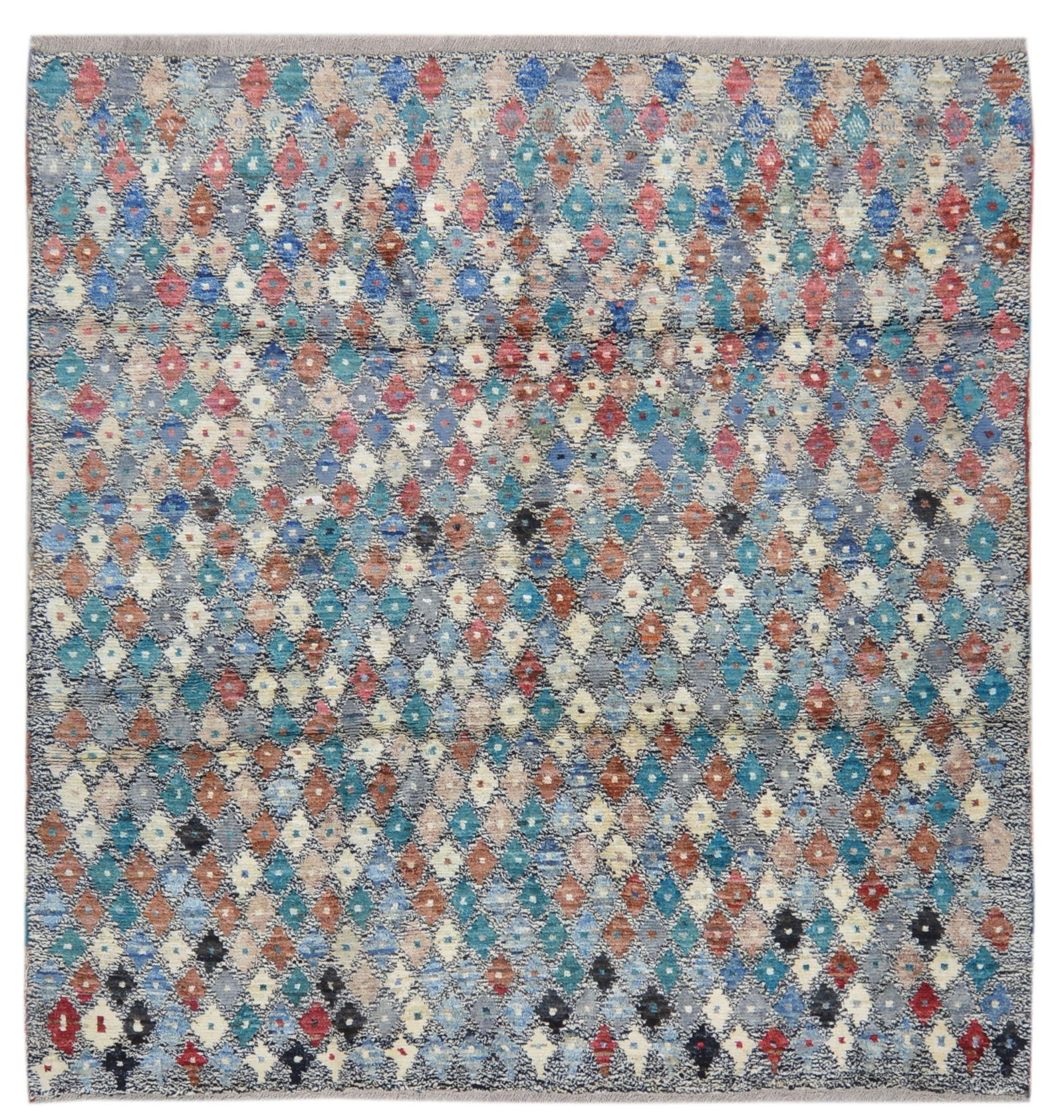 MOROCCAN HAND KNOTTED WOOL RUG: Title: MOROCCAN HAND KNOTTED WOOL RUG Size: 6'3X6'7 Age: NEW Origin: MOROCCAN Style: MILFLEUR Material: WOOL Care: PROFESSIONAL Structure: HAND KNOTTED Design: MOROCCAN Reserve: $750.00 Shipping: