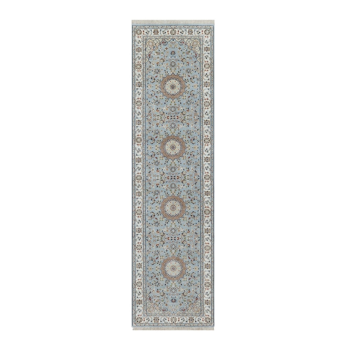 Blue 250 KPSI Hand Knotted Nain Floral Medallion Wool and Silk Rug: Title: Blue 250 KPSI Hand Knotted Nain Floral Medallion Wool and Silk RugDescription:This is a truly genuine one-of-a-kind. It has been Knotted for months and months in the centuries-old weaving
