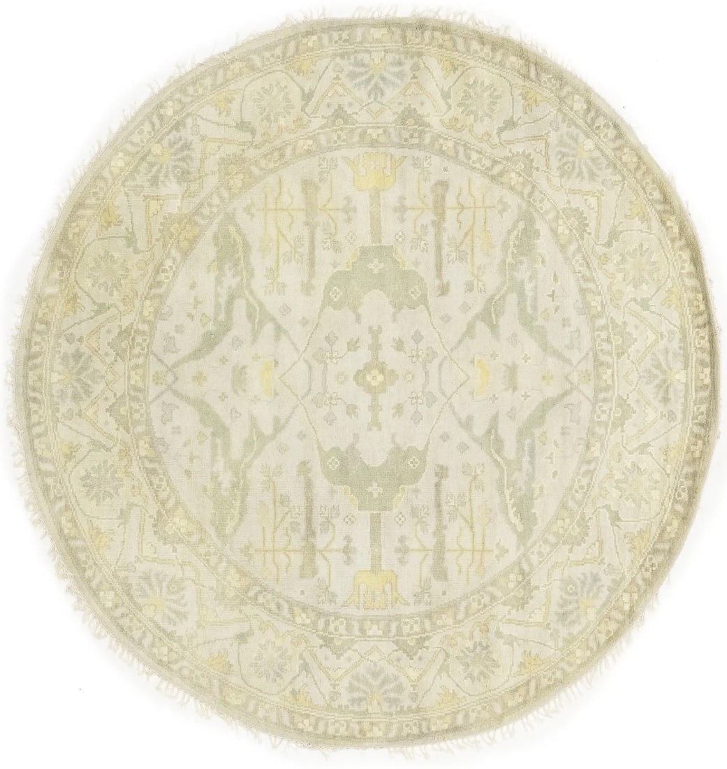 Muted Cream Floral 8X8 Oushak Chobi Oriental Round Rug: Title: Muted Cream Floral 8X8 Oushak Chobi Oriental Round RugDescription:Hand Knotted 8X8 Cream Oriental rug made with vegetable dyes (fine wool pile and cotton foundation), superior knot count, and