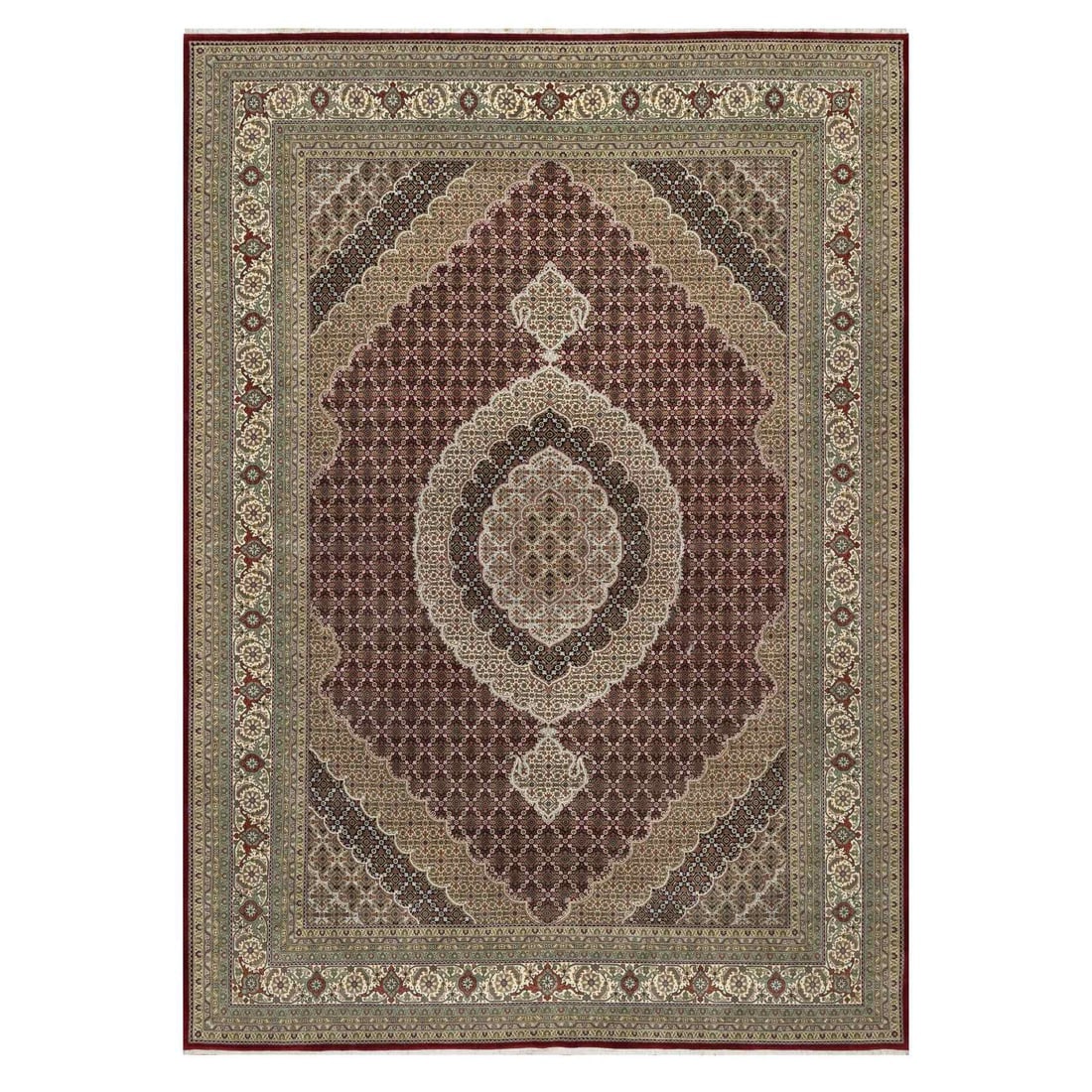 Wine Red, 250 KPSI, Hand Knotted, Super Mahi, Wool and Silk Rug: Title: Wine Red, 250 KPSI, Hand Knotted, Super Mahi, Wool and Silk RugDescription:This is a truly genuine one-of-a-kind. It has been Knotted for months and months in the centuries-old weaving