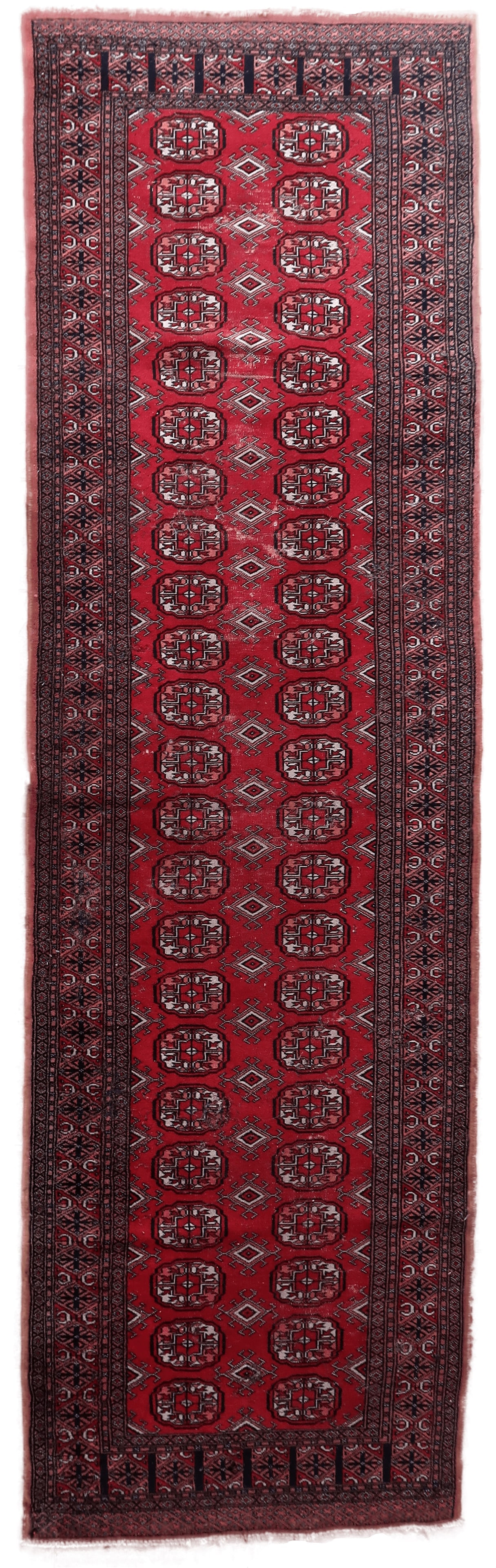 Handmade Vintage Uzbek Bukhara Runner 2.6' x 8.9' (80cm x 274cm), 1960s: Title:Handmade Vintage Uzbek Bukhara Runner 2.6' x 8.9' (80cm x 274cm), 1960sOrigin:UzbekistanDimension:2.6' x 8.9' (80cm x 274cm)Materials:woolYear:1960sDescription:Elevate your space with this