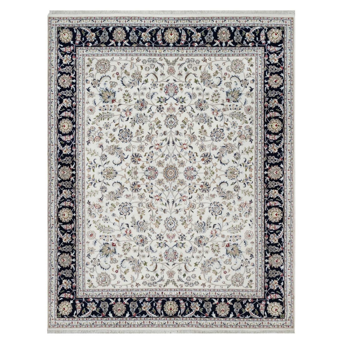White Hand Knotted Nain Flower Design Hand Knotted Wool & Silk Rug: Title: White Hand Knotted Nain Flower Design Hand Knotted Wool & Silk Rug Description:This is a truly genuine one-of-a-kind. It has been Knotted for months and months in the centuries-old weaving craf