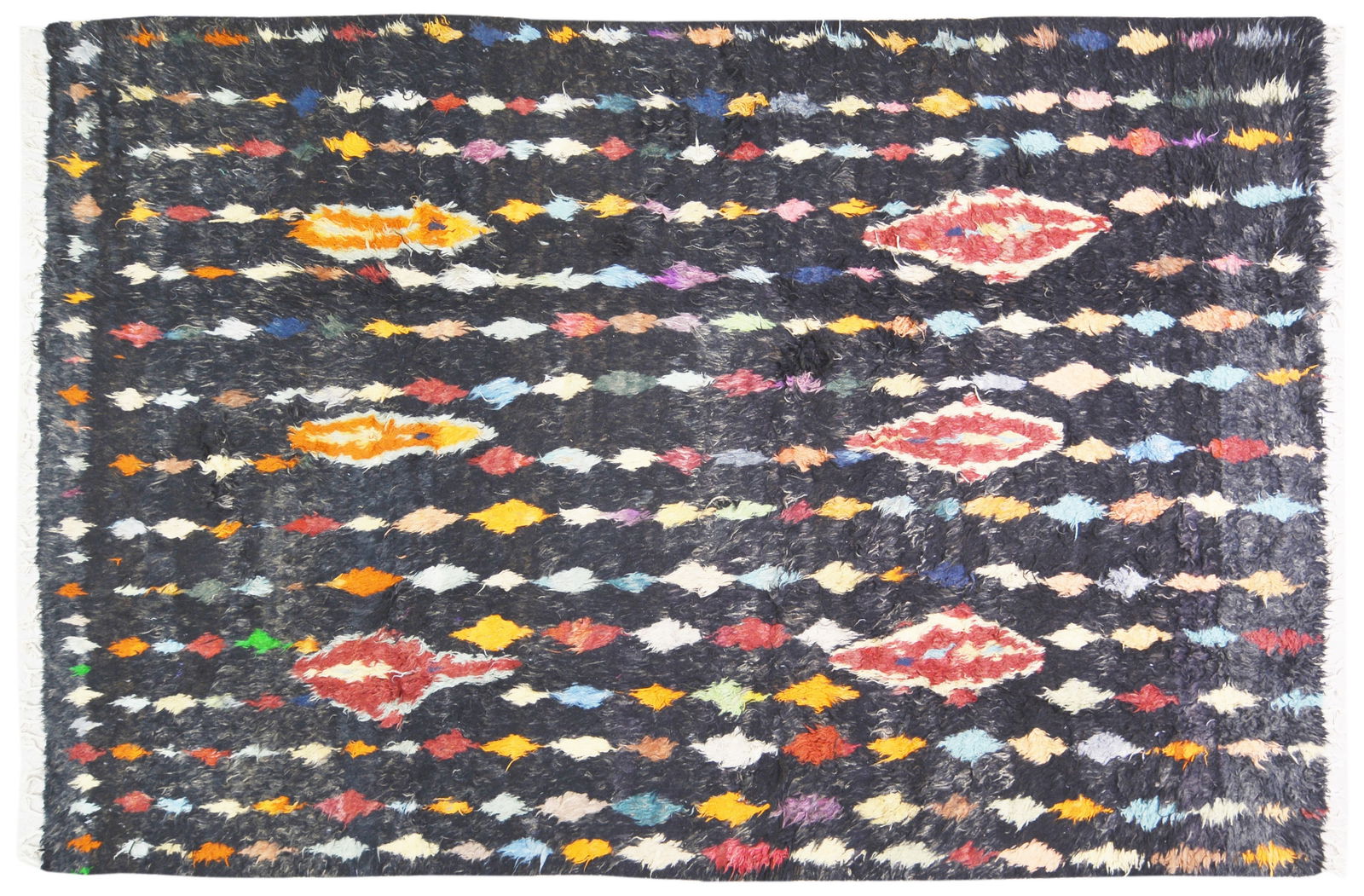 MOROCCAN HAND KNOTTED WOOL RUG: Title: MOROCCAN HAND KNOTTED WOOL RUG Size: 7'8X11'4 Age: VINTAGE Origin: MOROCCAN Style: MODERN Material: WOOL Care: PROFESSIONAL Structure: HAND KNOTTED Design: MOROCCAN Reserve: $1,000.00 Shippin