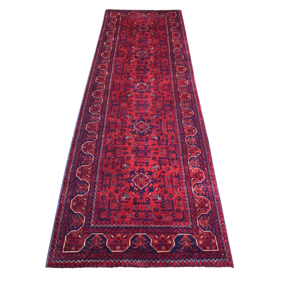 Deep Red, Soft and Velvety Wool Hand Knotted Afghan Khamyab Runner Rug: Title: Deep Red, Soft and Velvety Wool Hand Knotted Afghan Khamyab Runner Rug Description: This is a truly genuine one-of-a-kind. It has been Knotted for months and months in the centuries-old weaving