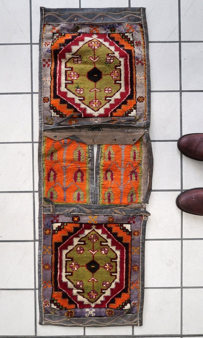 Handmade Vintage Persian Afshar Saddle Bag 1.3' x 4.1' (42cm x 127cm), 1940s - 2