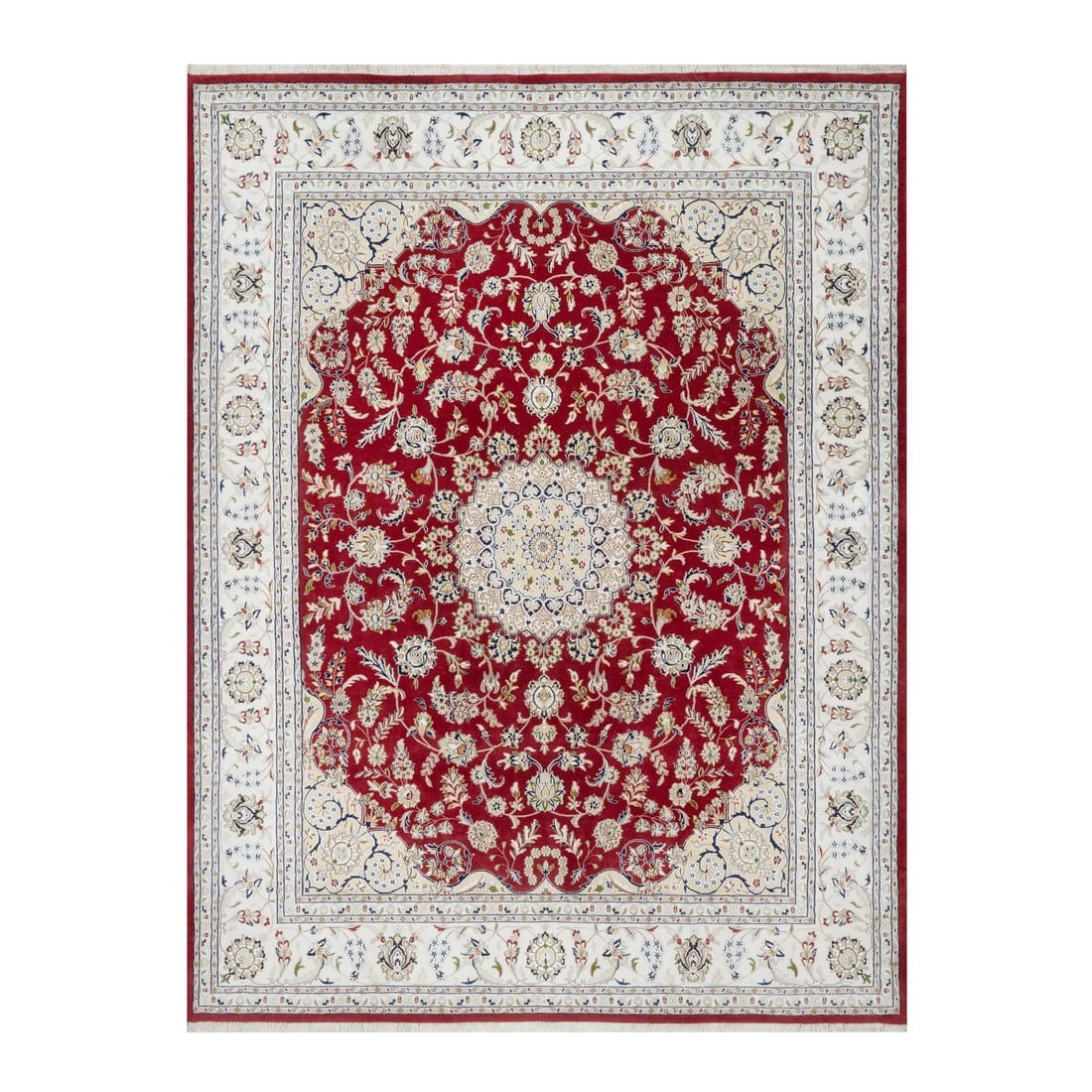 Falu Red, Wool and Silk, 250 KPSI, Nain Design Hand Knotted Rug: Title: Falu Red, Wool and Silk, 250 KPSI, Nain Design Hand Knotted Rug Description:This is a truly genuine one-of-a-kind. It has been Knotted for months and months in the centuries-old weaving craftsm
