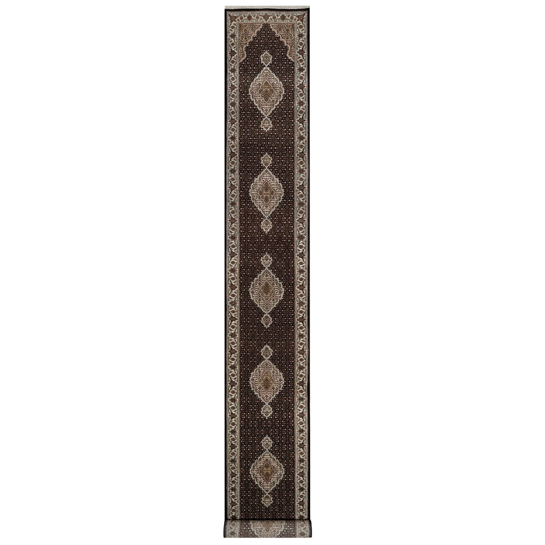 Rich Black Tabriz Mahi with Fish Design Hand Knotted Wool Runner Rug: Title: Rich Black Tabriz Mahi with Fish Design Hand Knotted Wool Runner RugDescription:This is a truly genuine one-of-a-kind. It has been Knotted for months and months in the centuries-old weaving