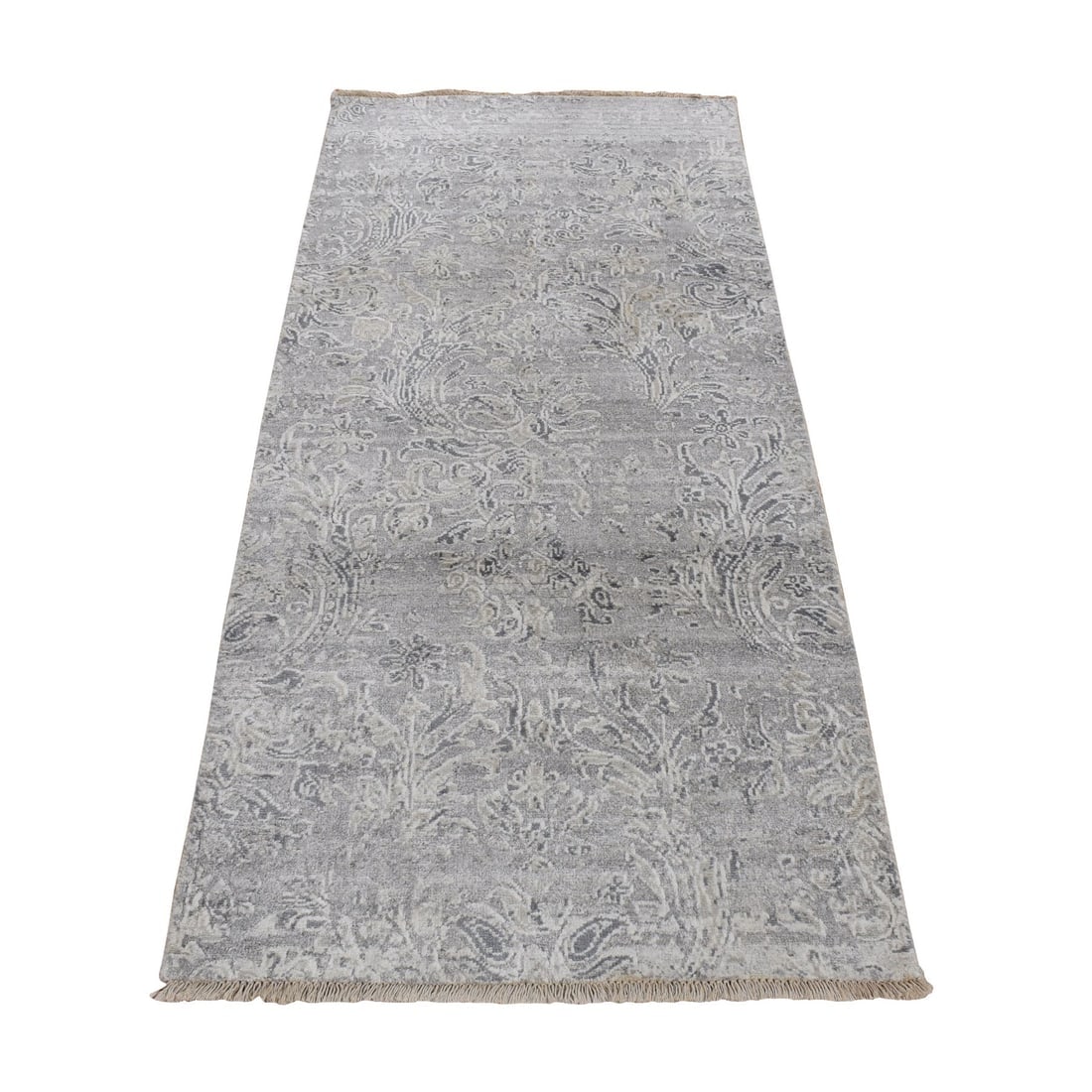 Gray Hand Knotted Damask Tone On Tone Design Wool and Silk Runner Rug: Title: Gray Hand Knotted Damask Tone On Tone Design Wool and Silk Runner RugDescription: This is a truly genuine one-of-a-kind. It has been Knotted for months and months in the centuries-old weaving