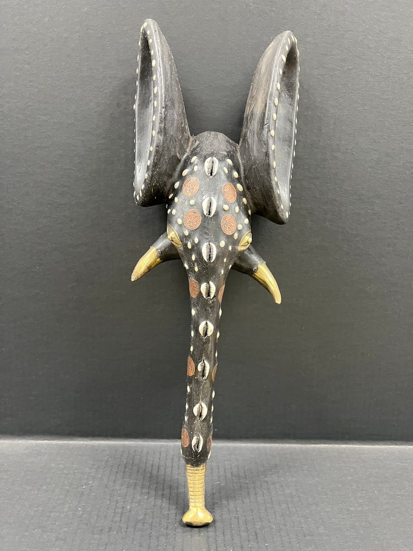 Babanki Elephant Mask with Embedded Coins: Title: Babanki Elephant Mask with Embedded Coins Description: African Tribal Art Babanki Elephant Mask with Embedded Coins Date/Period: Late 20th Century Materials: Wood Size: 20.25" h x 7.25" w 