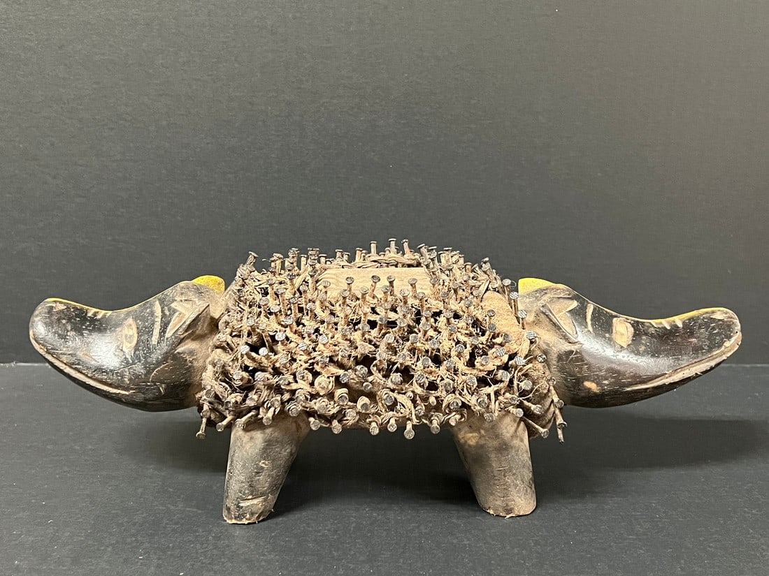 Bacongo Double Head Dog Nail Fetish: Title: Bacongo Double Head Dog Nail Fetish Description: African Tribal Art Bacongo Double Head Dog Nail Fetish Date/Period: Late 20th Century Materials: Wood Size: 5" h x 15" w Reserve: $300.00 