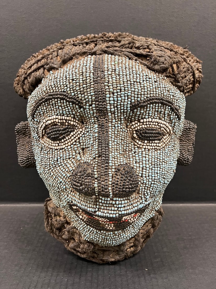 Bamileke Beaded Mask: Title: Bamileke Beaded Mask Description: African Tribal Art Bamileke Beaded Mask Date/Period: Late 20th Century Materials: Wood Size: 15" h x 13'' w Reserve: $400.00 