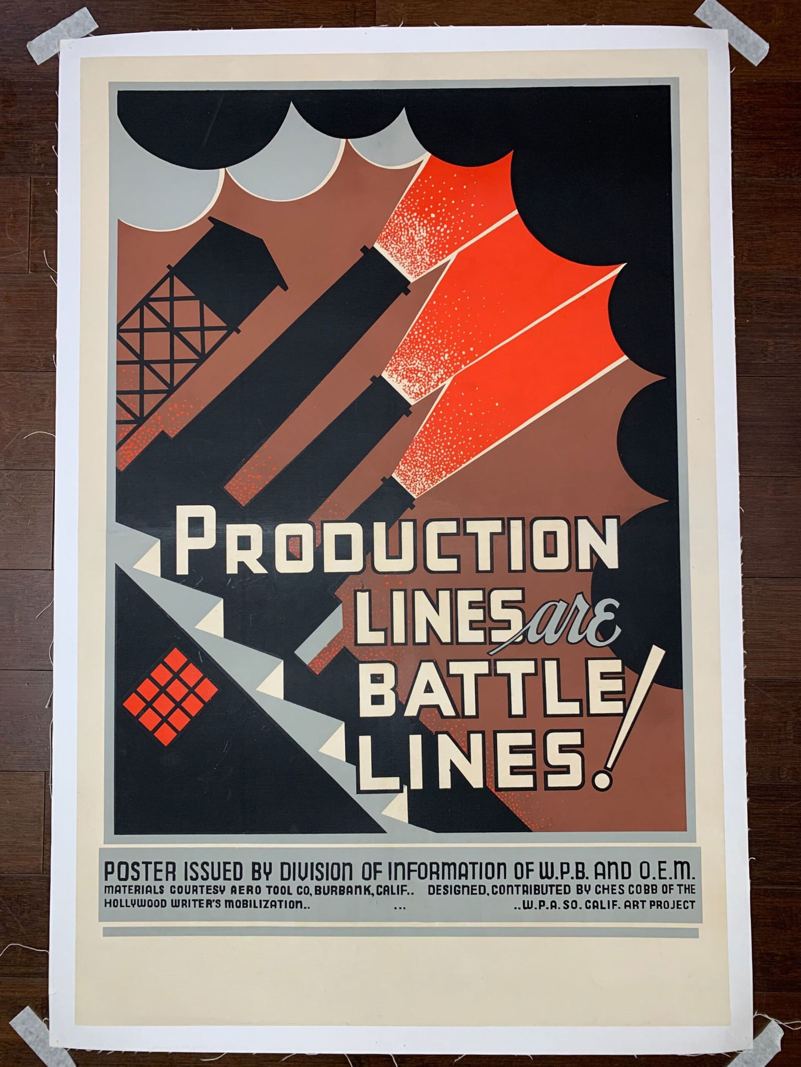 Production Lines are Battle Lines - Art by Chester Cobb (1942) 24x35.5 Rare US WWII Poster LB