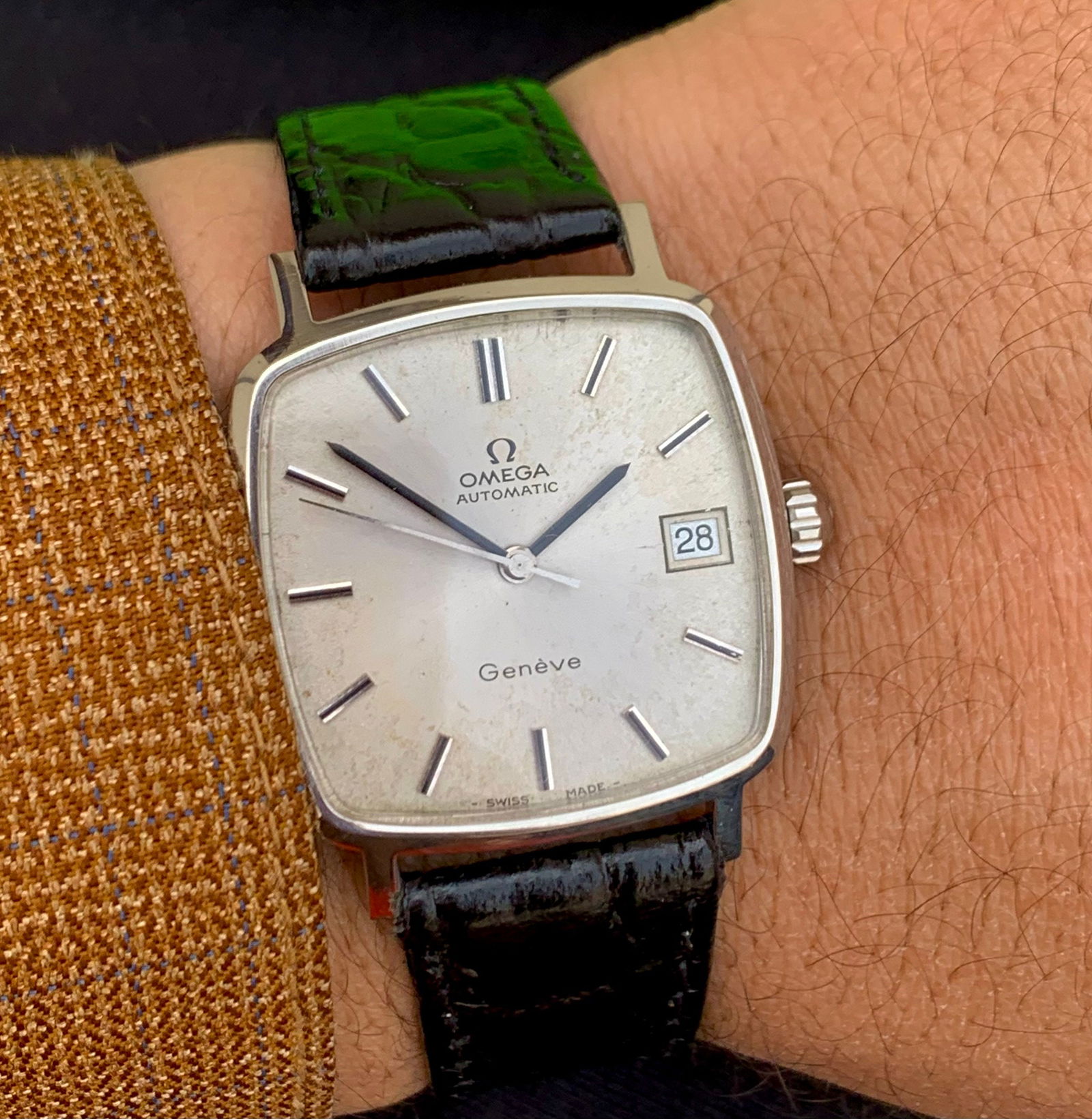 Vintage Omega Geneve Automatic Watch: English Made Dennison Stainless Steel, Black Lizard Band: Vintage from the 1960s Band material: Leather Materials: Stainless steel Power: Mechanical Readout: Analog Can be personalized Vintage Omega Geneve Old Vintage Automatic Watch English made Dennison St