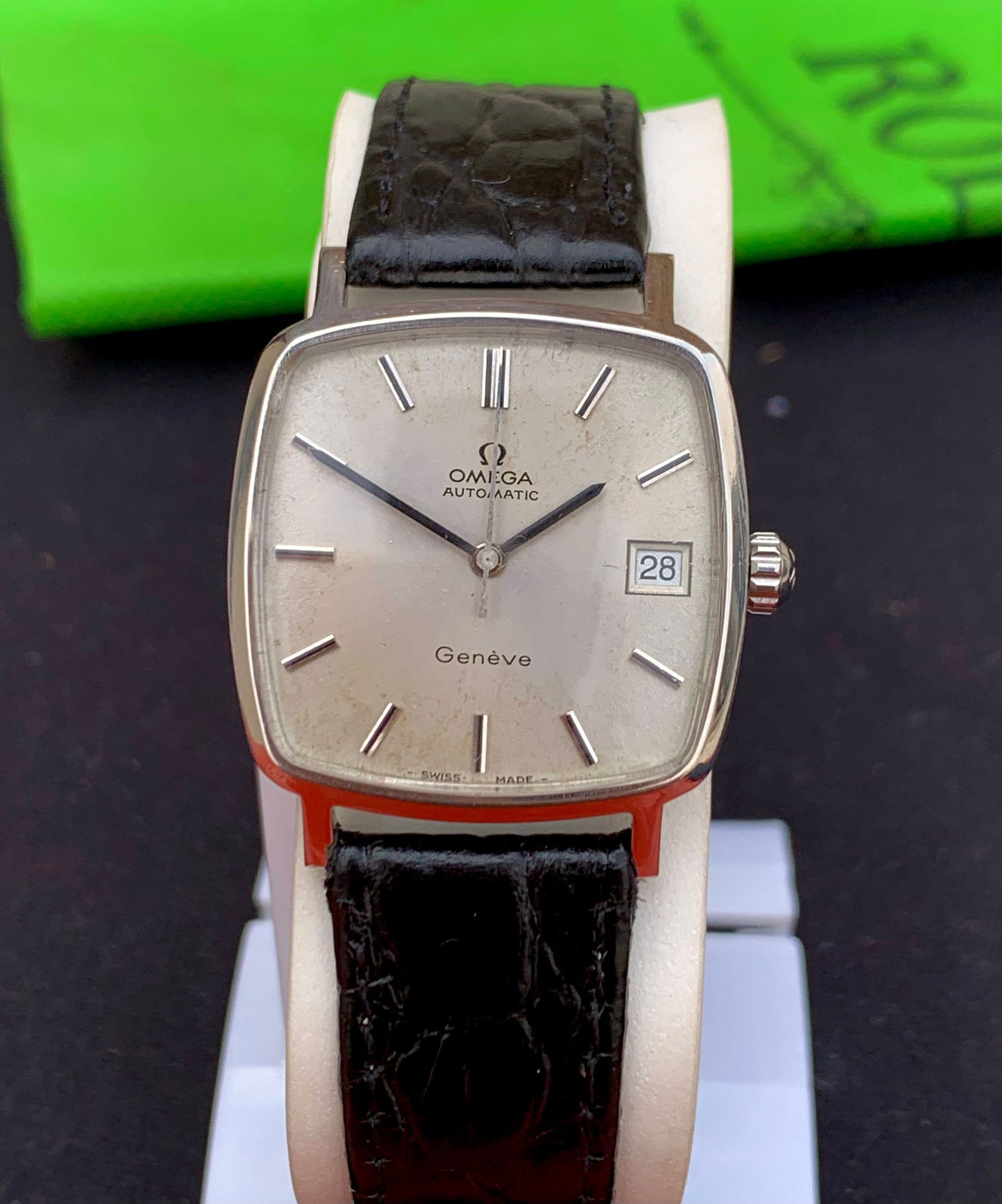 Vintage Omega Geneve Automatic Watch: English Made Dennison Stainless Steel, Black Lizard Band - 2