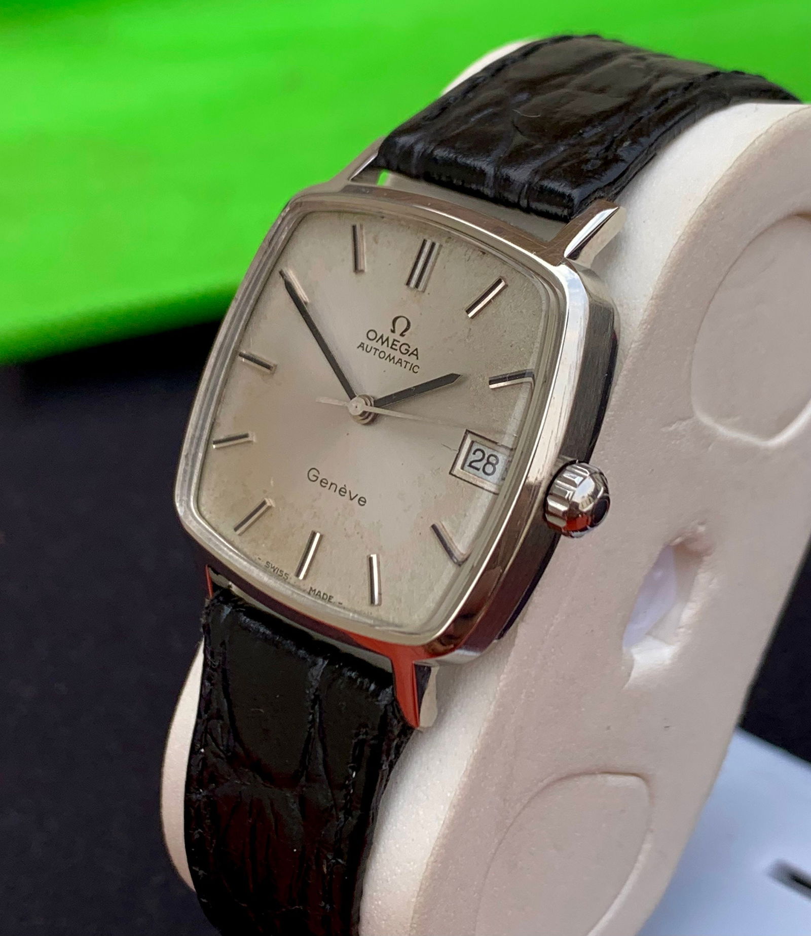 Vintage Omega Geneve Automatic Watch: English Made Dennison Stainless Steel, Black Lizard Band - 3