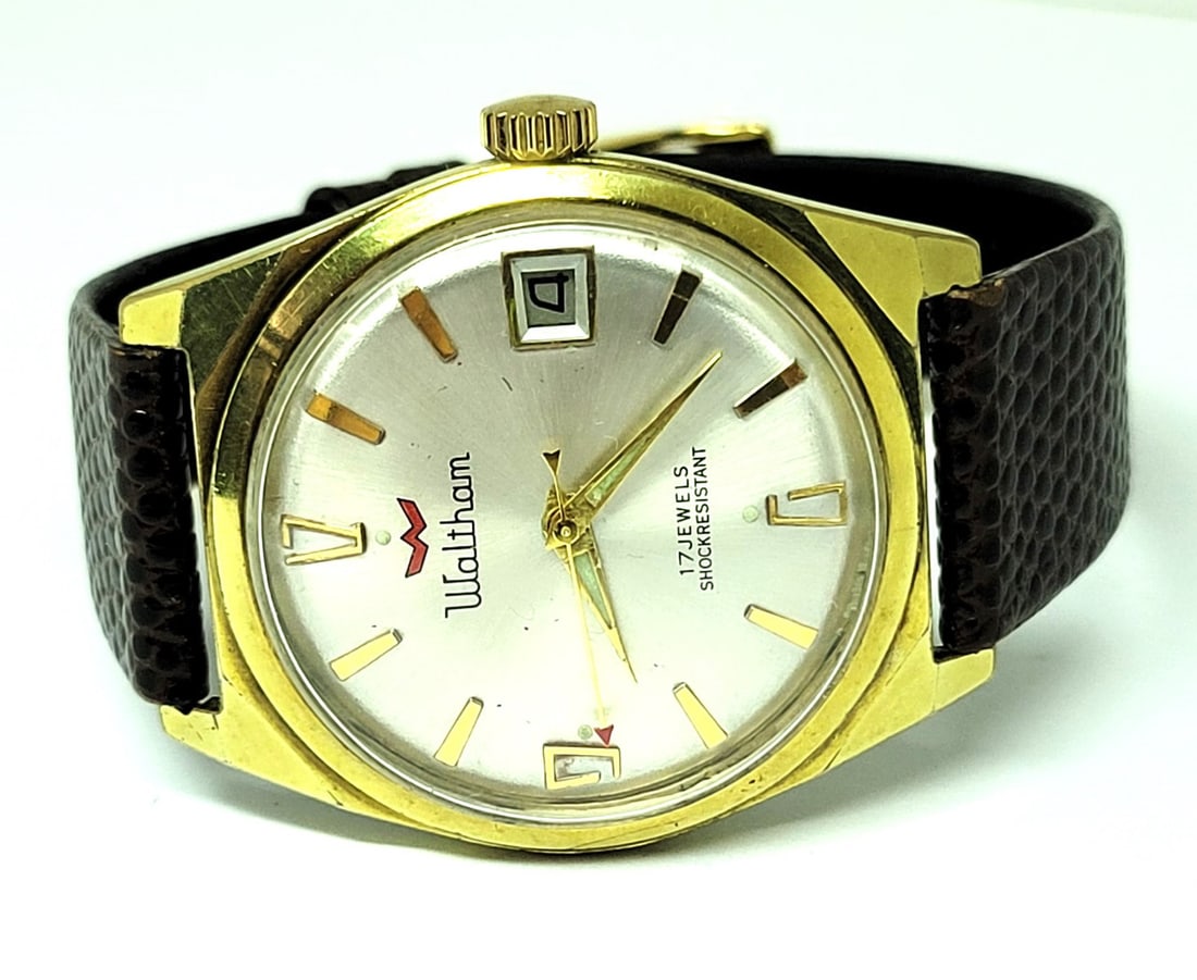 Vintage 18 GP WALTHAM Shock Resistant DATE Winding Watch Cal R614* SERVICED - 4