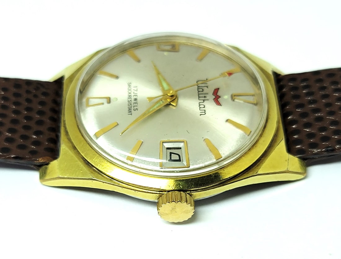 Vintage 18 GP WALTHAM Shock Resistant DATE Winding Watch Cal R614* SERVICED - 8