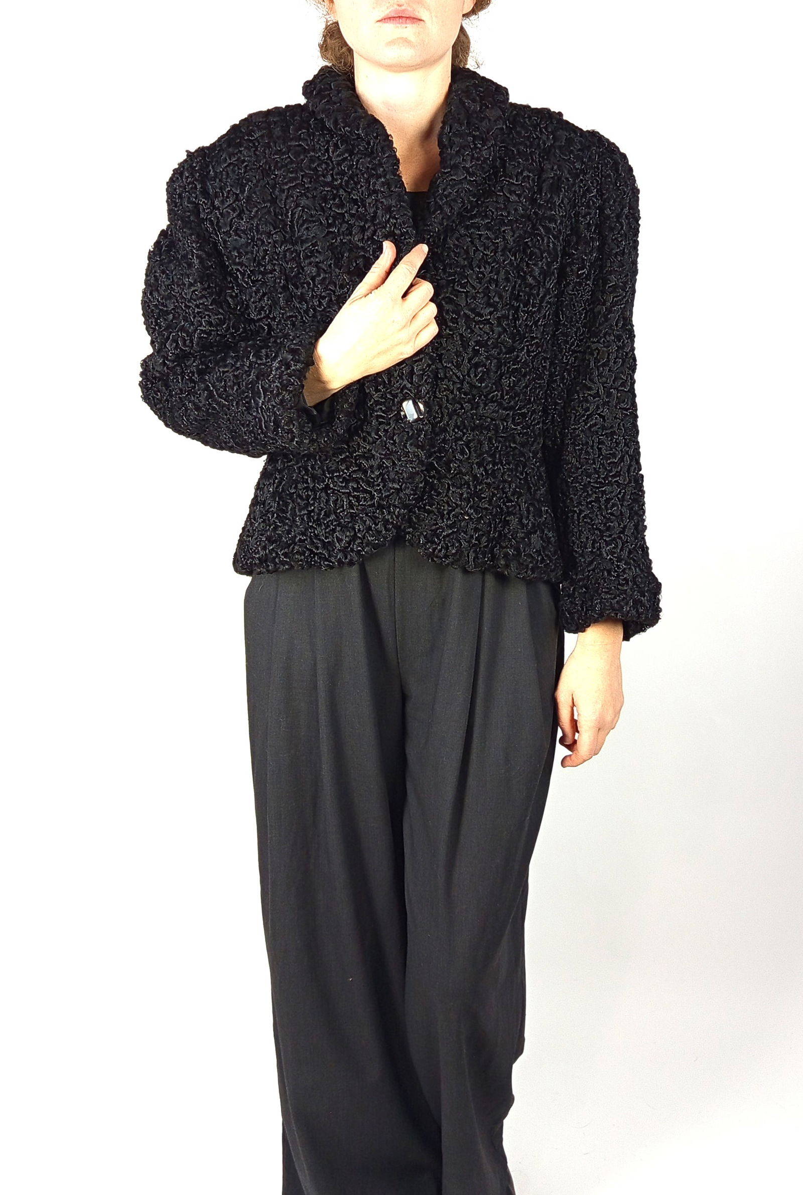 BLACK KARABUL FUR JACKET EU: S - US:6: Title: BLACK KARABUL FUR JACKET EU: S - US:6 Description: Closure: 1 button ; 2 pockets; We offer in house shipping - Fedex shipping =55$; 3-7 working days to US - Combine shipping + $30 per item : Eu