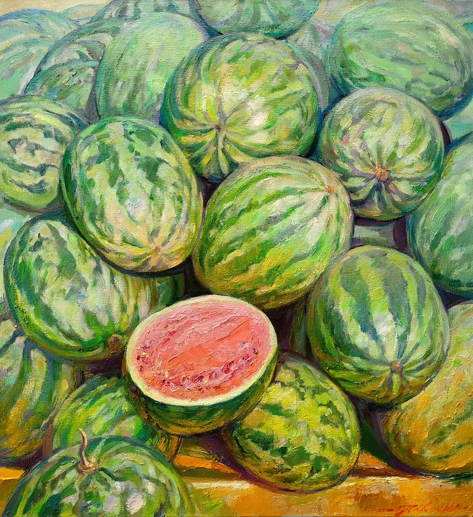 Oil painting Watermelons Leonid Pavlenko: Title: Oil painting Watermelons Leonid Pavlenko Description: 124PAVL Painter: Leonid Pavlenko Size: 65x60 cm/25.59x23.62 inches Components: oil, canvas Original painting CONDITION: excellent ARTIST: