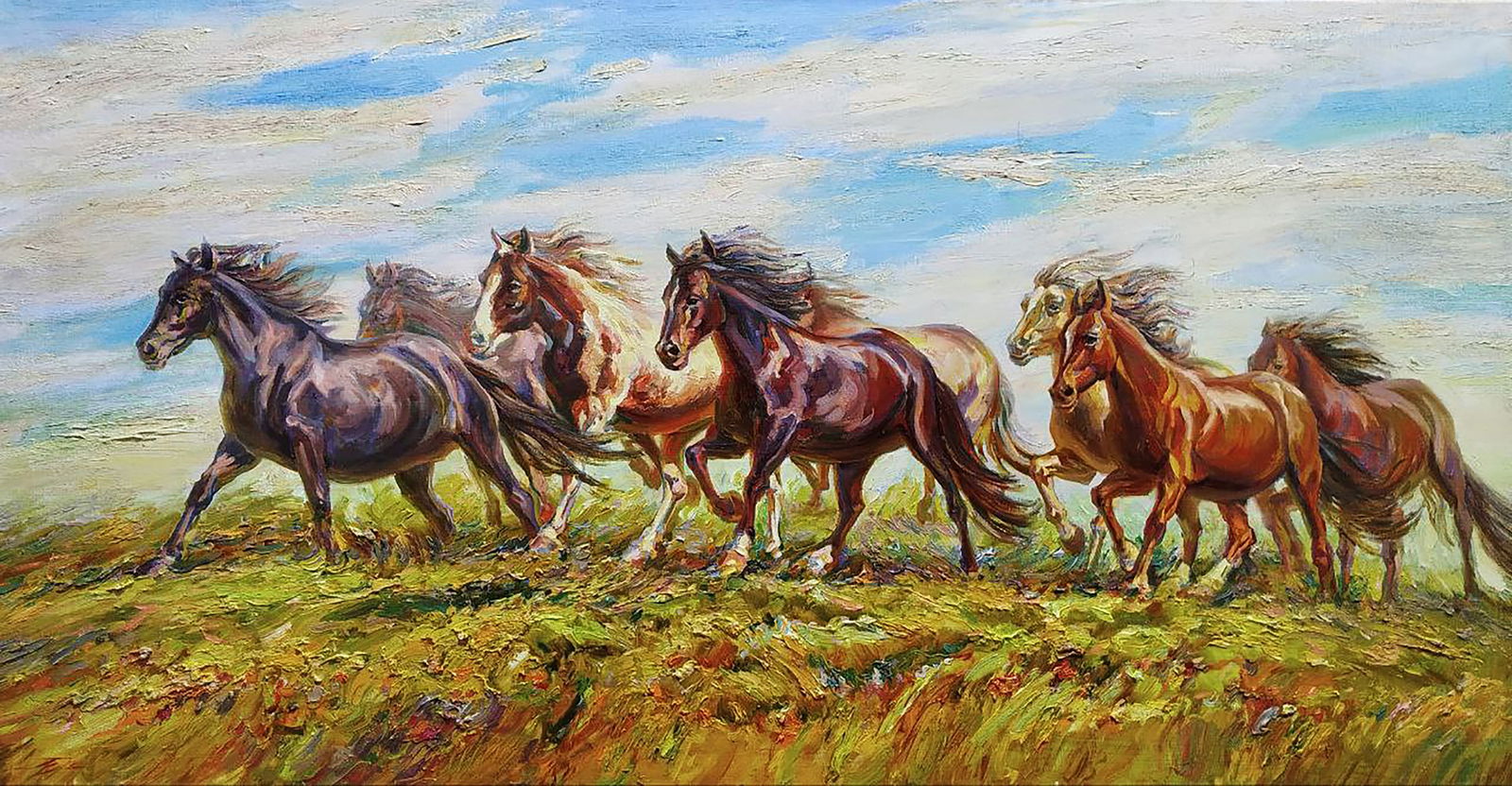 Oil painting Herd Leonid Pavlenko: Title: Oil painting Herd Leonid Pavlenko Description: 140PAVL Painter: Leonid Pavlenko Size: 65x125 cm/25.59x49.21 inches Components: oil, canvas Original painting CONDITION: excellent ARTIST: Born