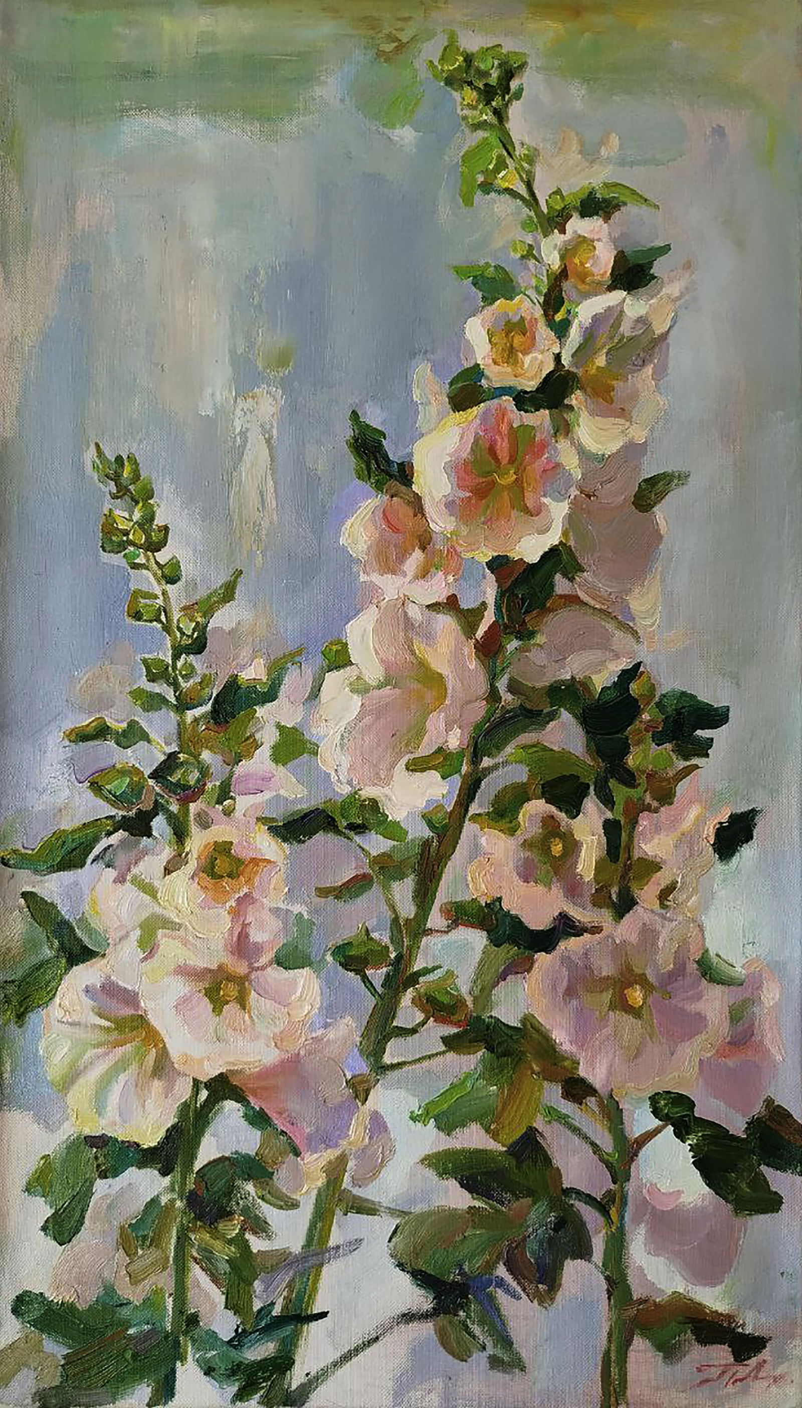 Oil painting Mallows on a blue background Leonid Pavlenko: Title: Oil painting Mallows on a blue background Leonid Pavlenko Description: 152PAVL Painter: Leonid Pavlenko Size: 70x40 cm/27.55x15.74 inches Components: oil, canvas Original painting CONDITION: