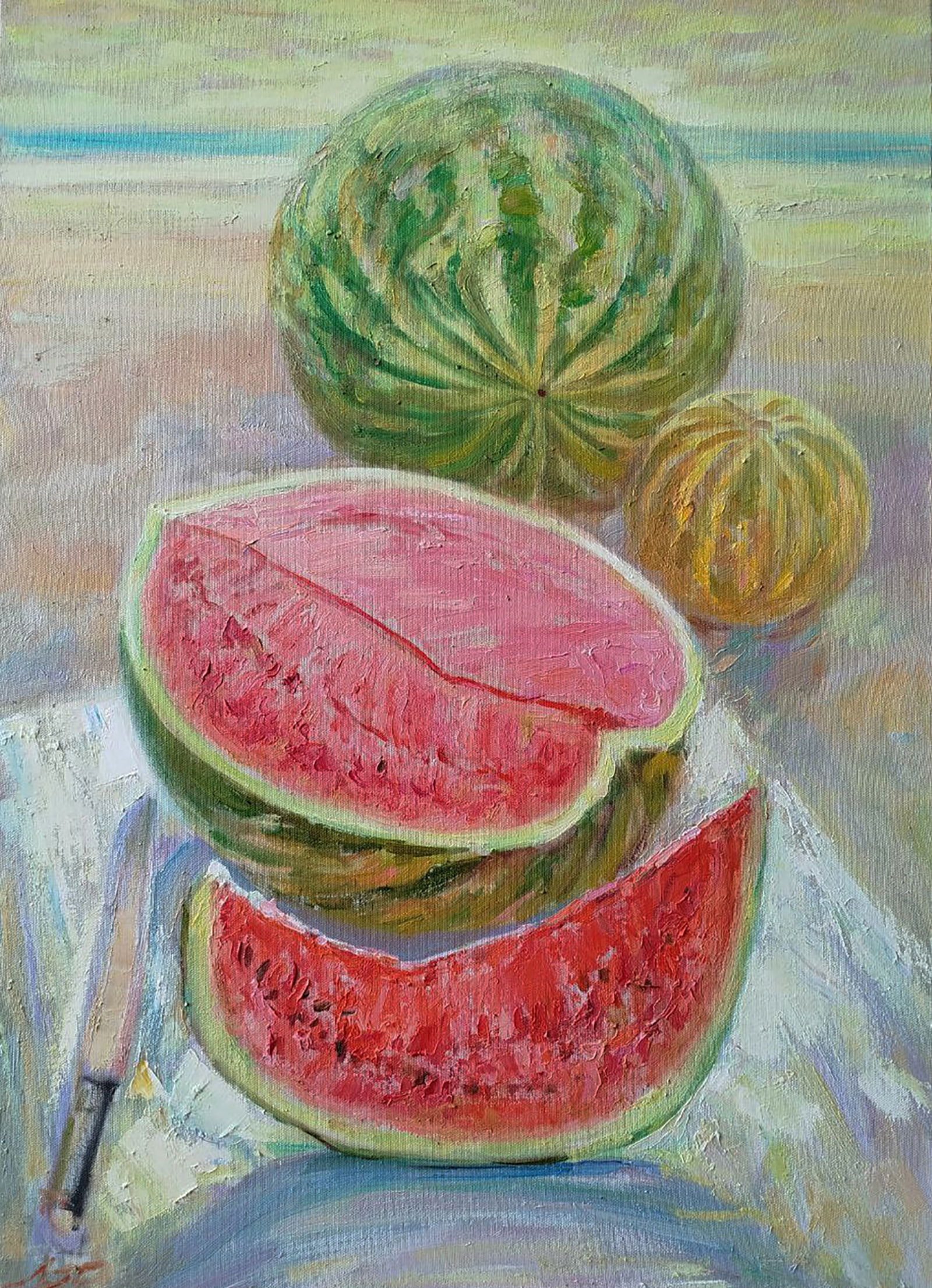 Oil painting Melon with watermelons Leonid Pavlenko: Title: Oil painting Melon with watermelons Leonid Pavlenko Description: 172PAVL Painter: Leonid Pavlenko Size: 70x50 cm/27.55x19.68 inches Components: oil, canvas Original painting CONDITION: excellen