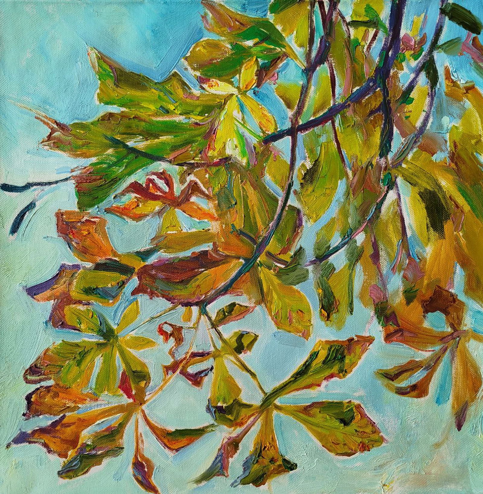 Oil painting Chestnut leaves Leonid Pavlenko: Title: Oil painting Chestnut leaves Leonid Pavlenko Description: 177PAVL Painter: Leonid Pavlenko Size: 50x50 cm/19.68x19.68 inches Components: oil, canvas Original painting CONDITION: excellent ARTIS
