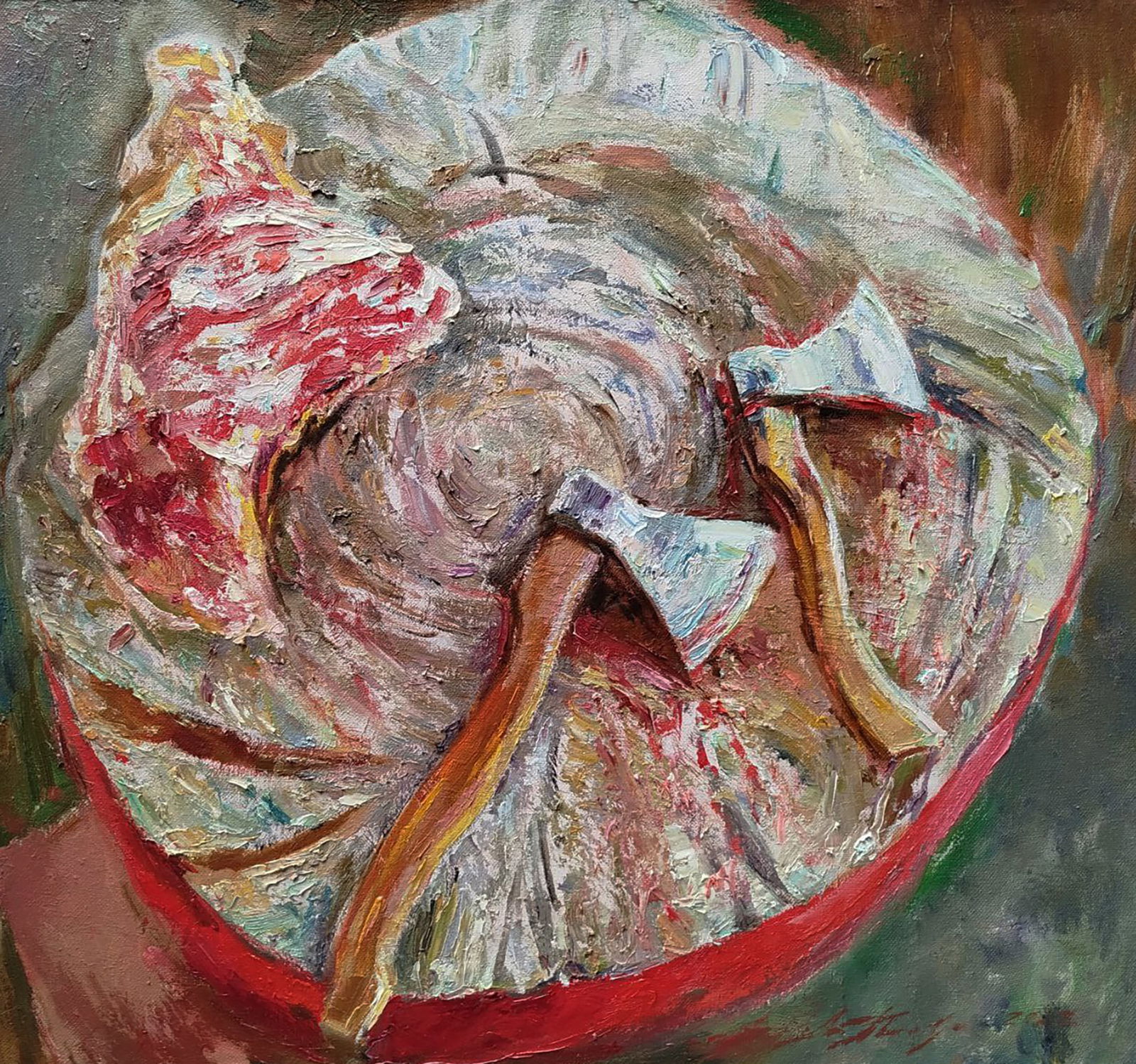 Oil painting Lunch break with meat Leonid Pavlenko: Title: Oil painting Lunch break with meat Leonid Pavlenko Description: 180PAVL Painter: Leonid Pavlenko Size: 60x65 cm/23.62x25.59 inches Components: oil, canvas Original painting CONDITION: