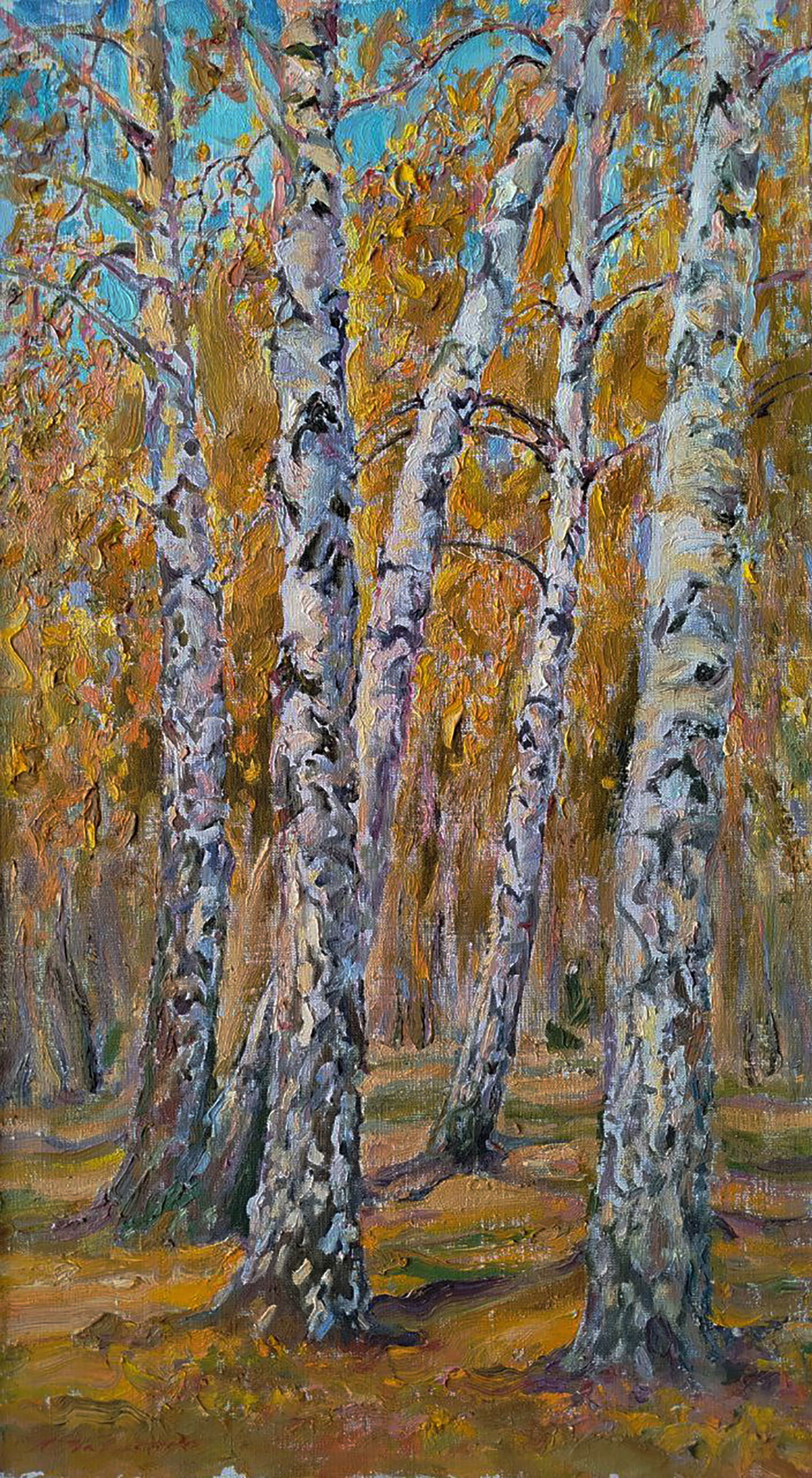 Oil painting Autumn birch forest Leonid Pavlenko: Title: Oil painting Autumn birch forest Leonid Pavlenko Description: 188PAVL Painter: Leonid Pavlenko Size: 80x45 cm/31.49x17.71 inches Components: oil, canvas Original painting CONDITION: excellent A