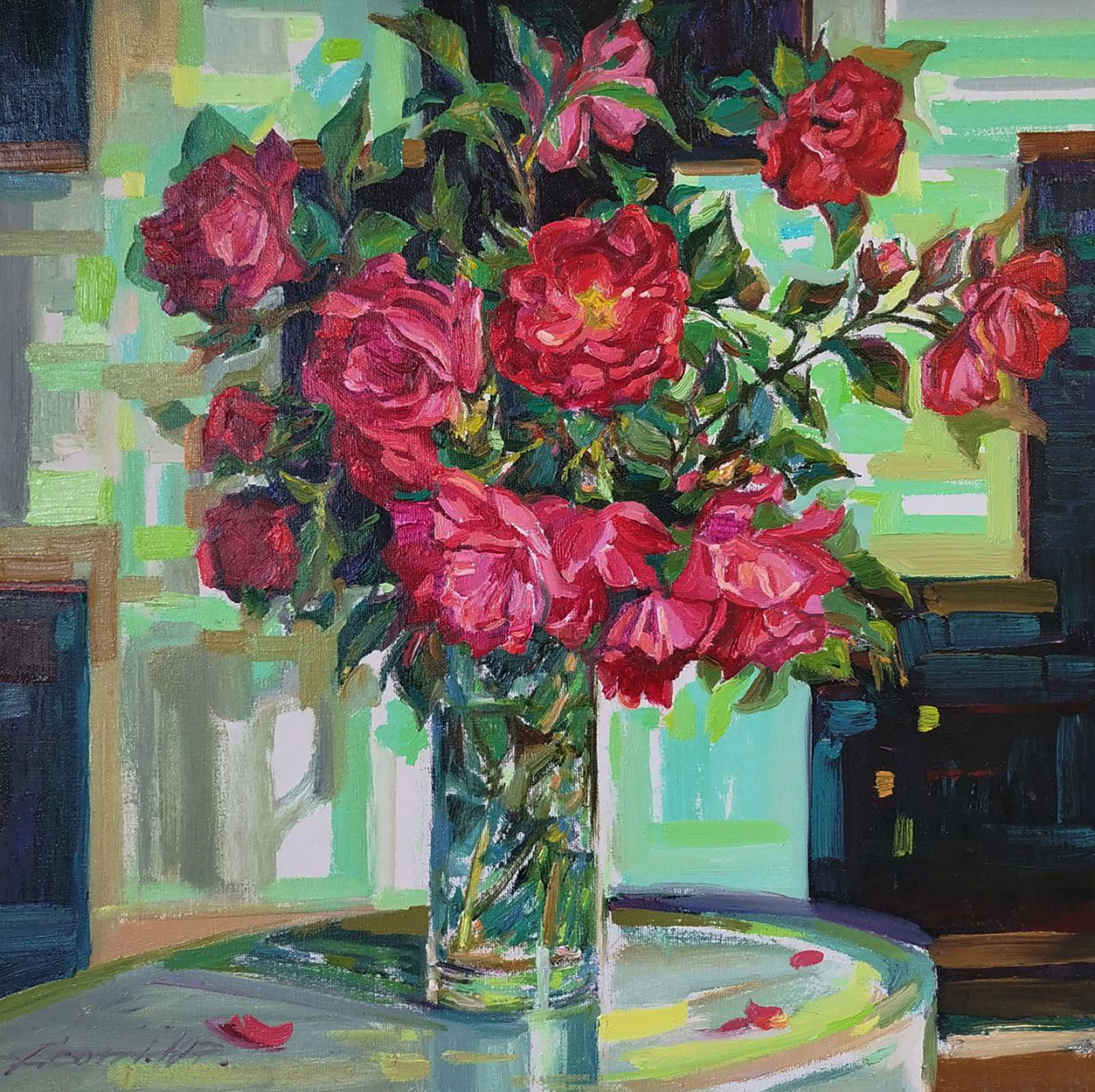 Oil painting Red bright roses Leonid Pavlenko: Title: Oil painting Red bright roses Leonid Pavlenko Description: 191PAVL Painter: Leonid Pavlenko Size: 50x50 cm/19.68x19.68 inches Components: oil, canvas Original painting CONDITION: excellent ARTI