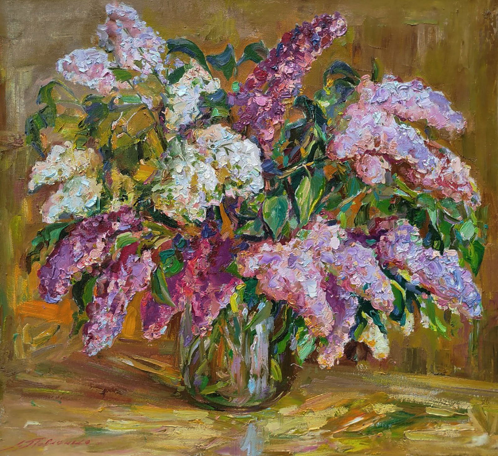 Oil painting Lilac on a warm background Leonid Pavlenko: Title: Oil painting Lilac on a warm background Leonid Pavlenko Description: 194PAVL Painter: Leonid Pavlenko Size: 60x65 cm/23.62x25.59 inches Components: oil, canvas Original painting CONDITION: exce